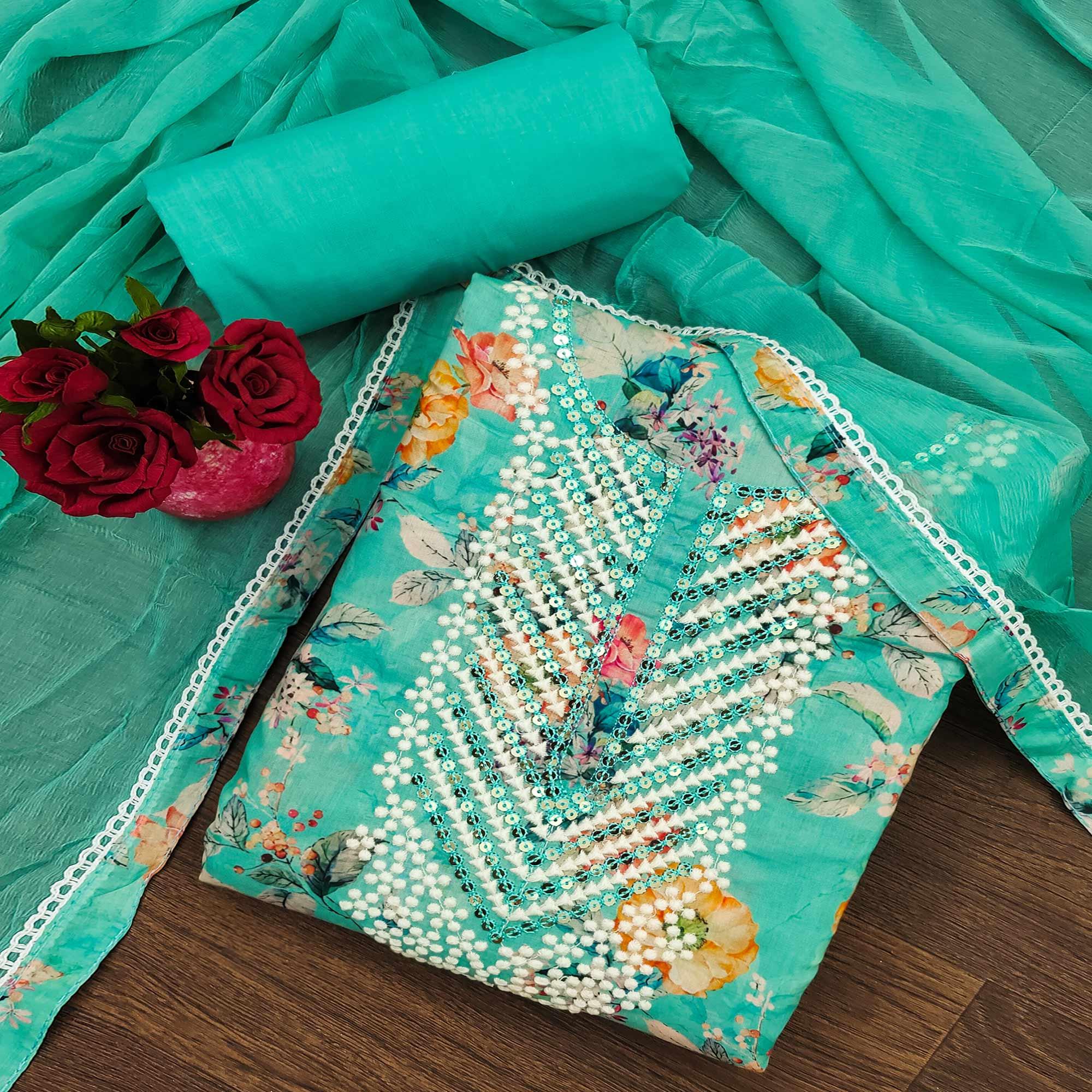 Turquoise Floral Printed With Sequence Embroidery Pure Cotton Dress Material - Peachmode