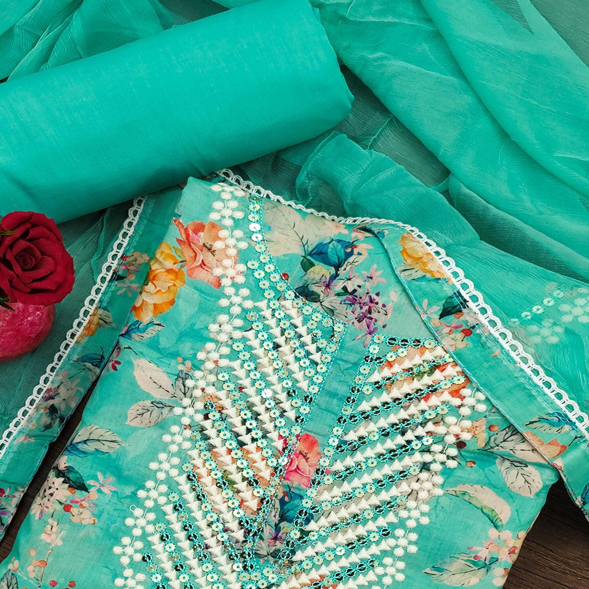 Turquoise Floral Printed With Sequence Embroidery Pure Cotton Dress Material - Peachmode