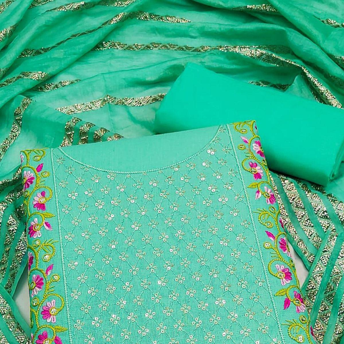Turquoise Floral Sequence Embroidered Cotton Blend Dress Material - Peachmode
