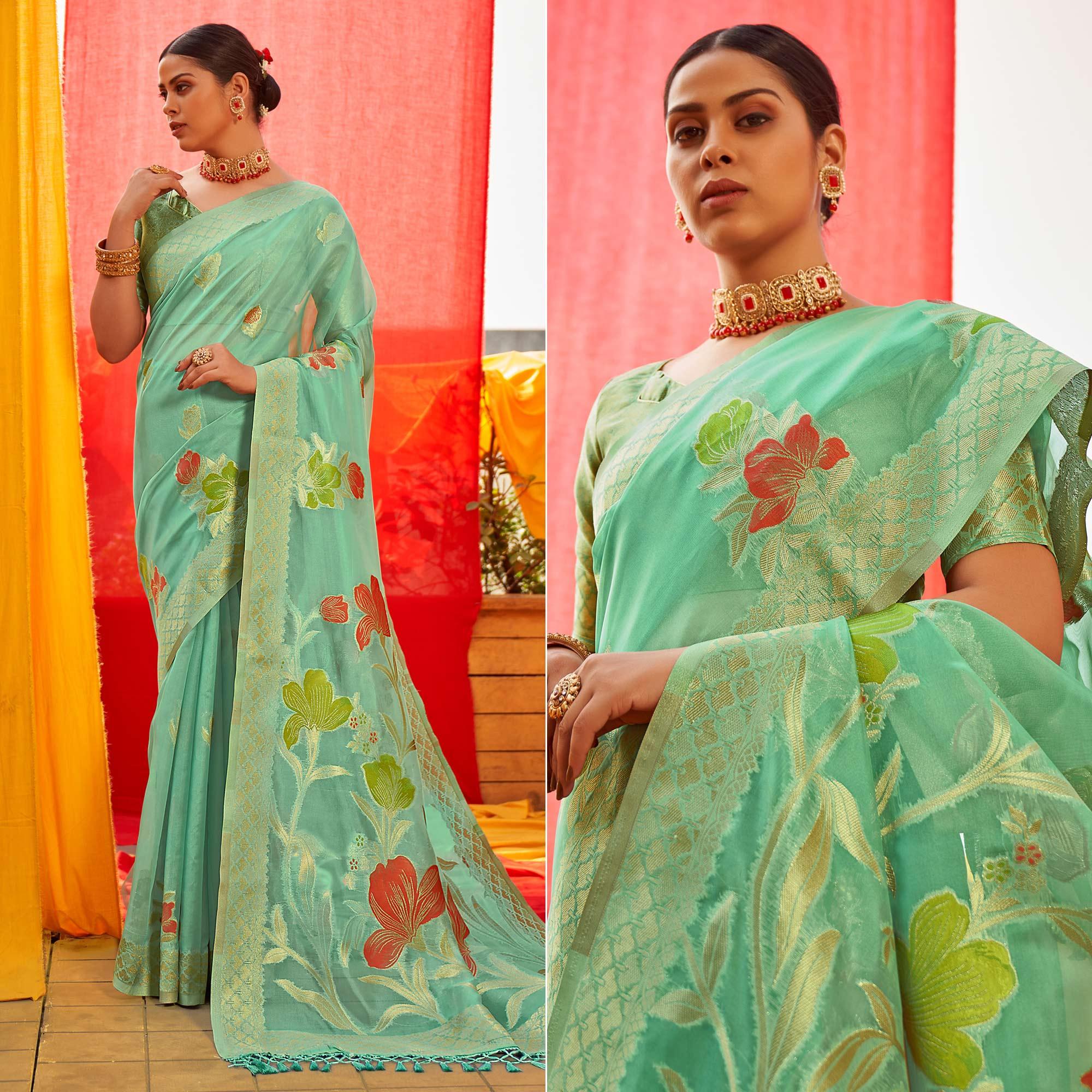 Turquoise Floral Woven Organza Saree - Peachmode