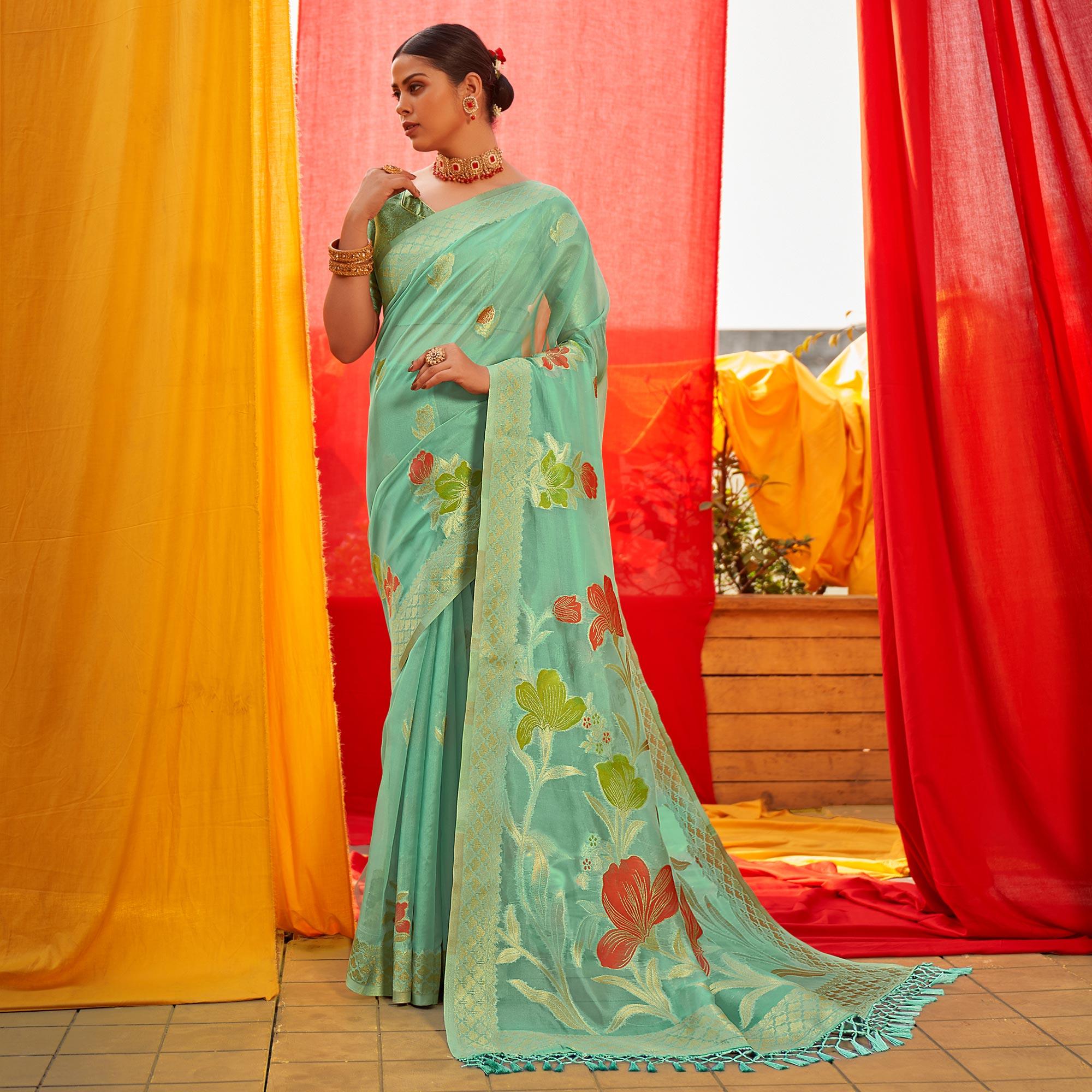 Turquoise Floral Woven Organza Saree - Peachmode
