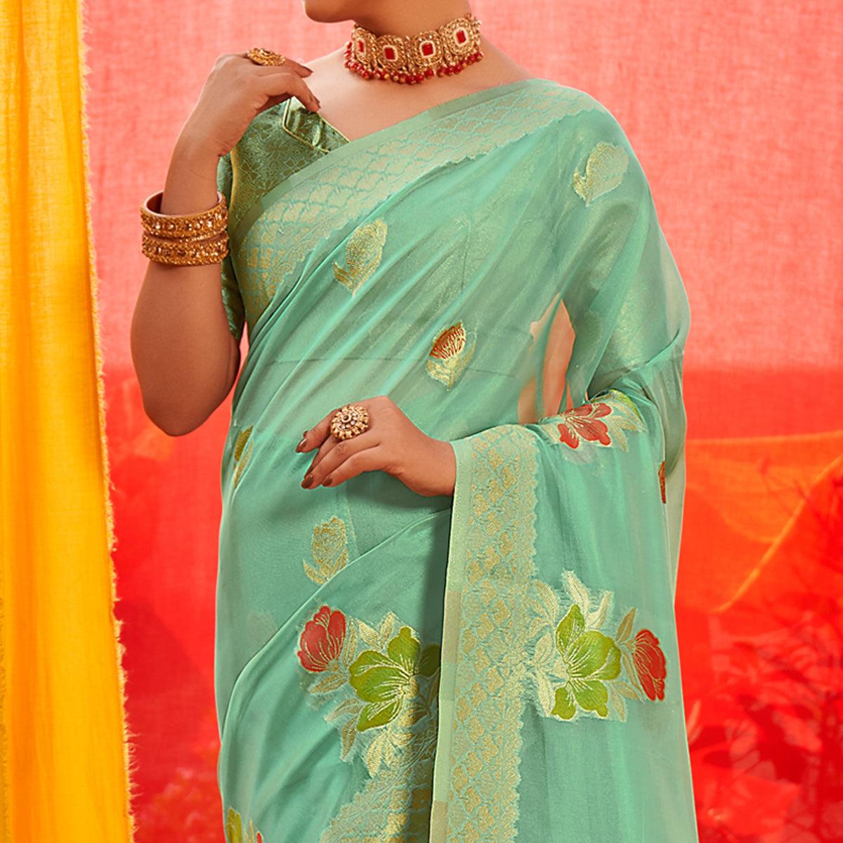 Turquoise Floral Woven Organza Saree - Peachmode
