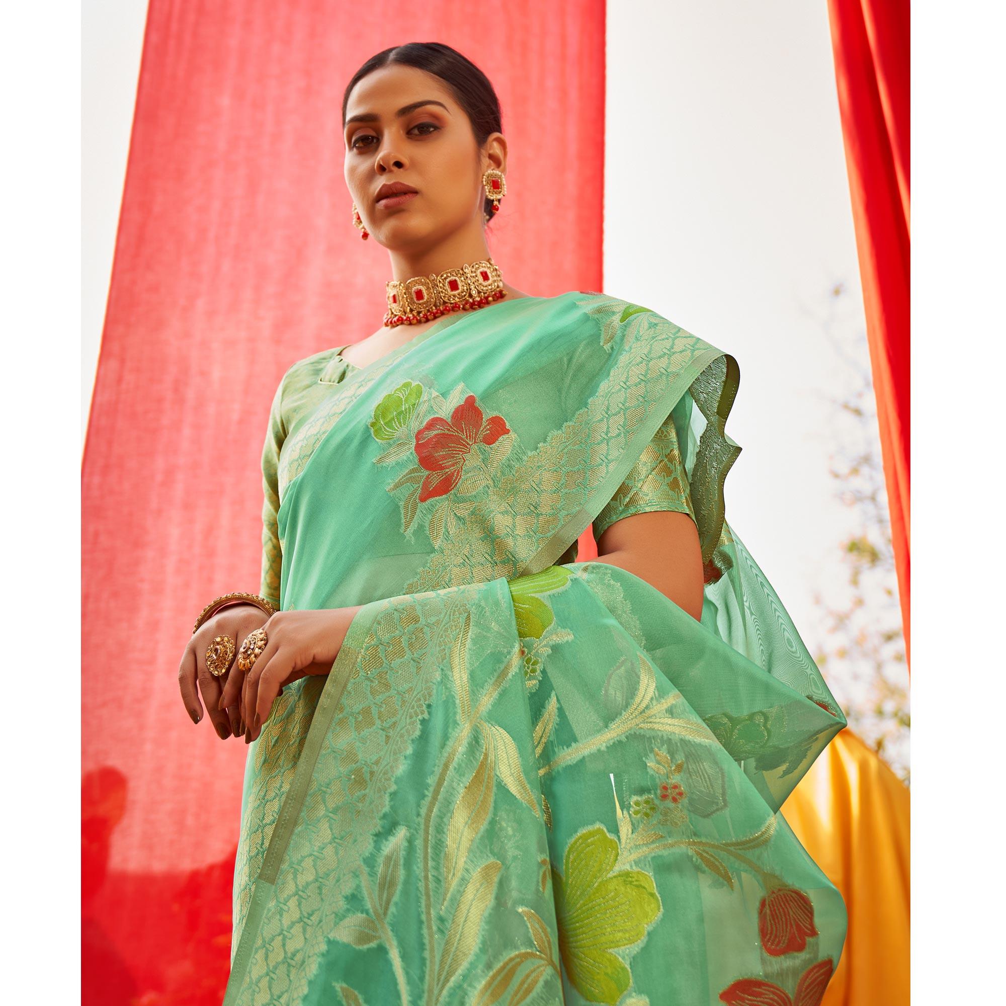 Turquoise Floral Woven Organza Saree - Peachmode