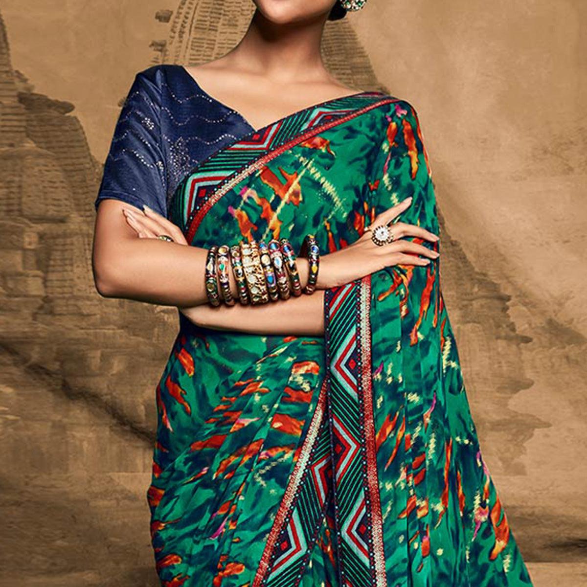 Turquoise Foil Printed Georgette Saree - Peachmode
