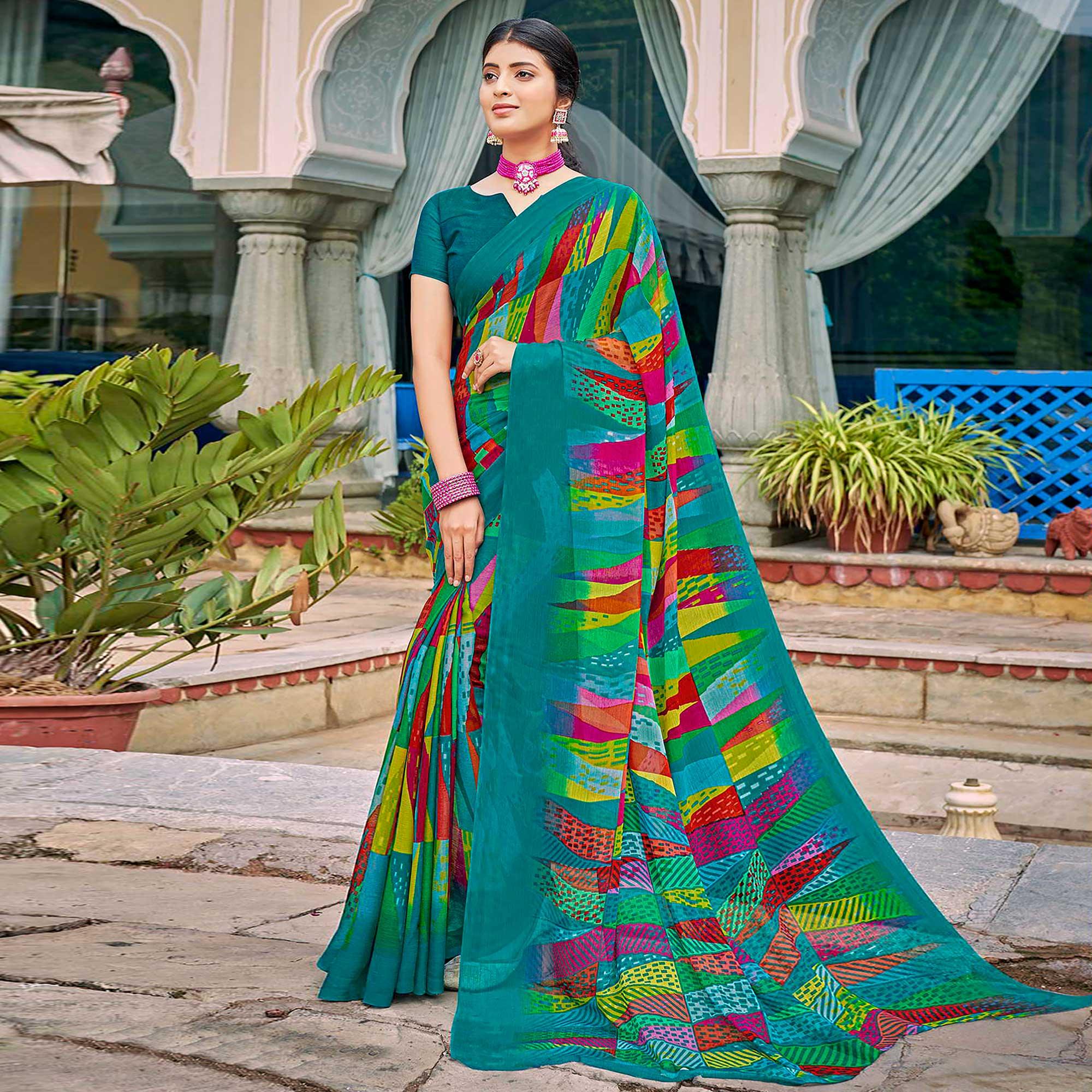 Turquoise Geometric Printed Chiffon Saree - Peachmode