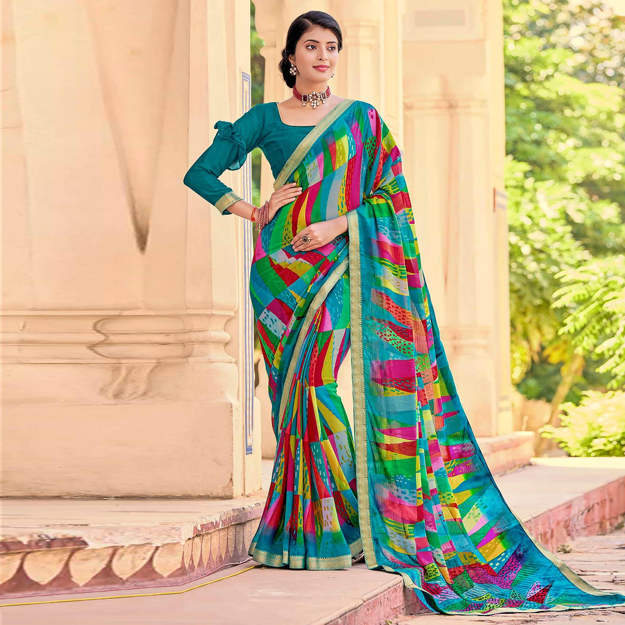 Turquoise Geometric Printed Chiffon Saree - Peachmode