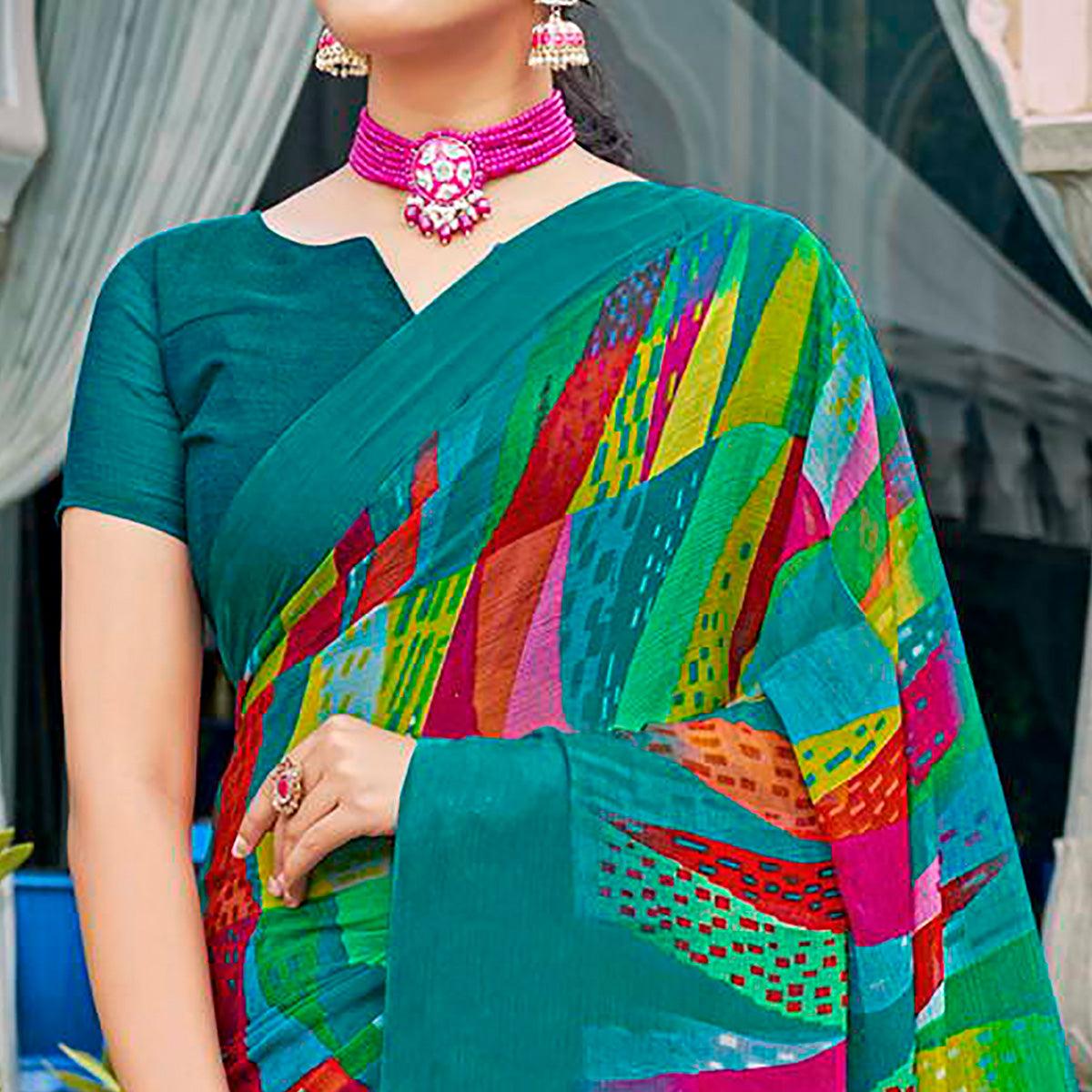 Turquoise Geometric Printed Chiffon Saree - Peachmode