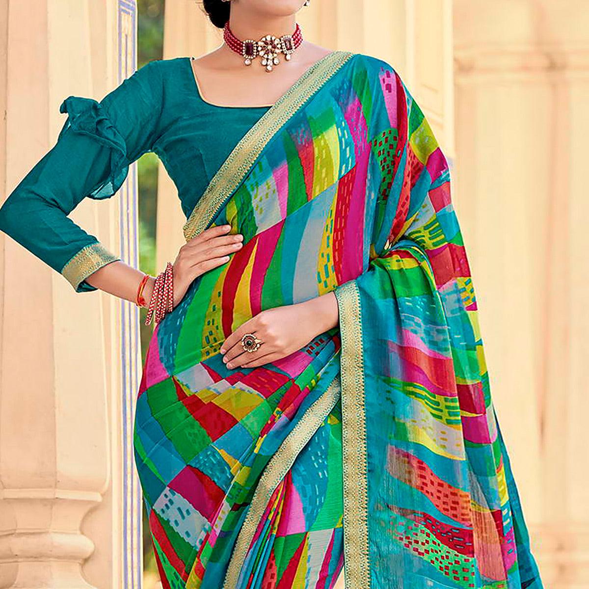 Turquoise Geometric Printed Chiffon Saree - Peachmode