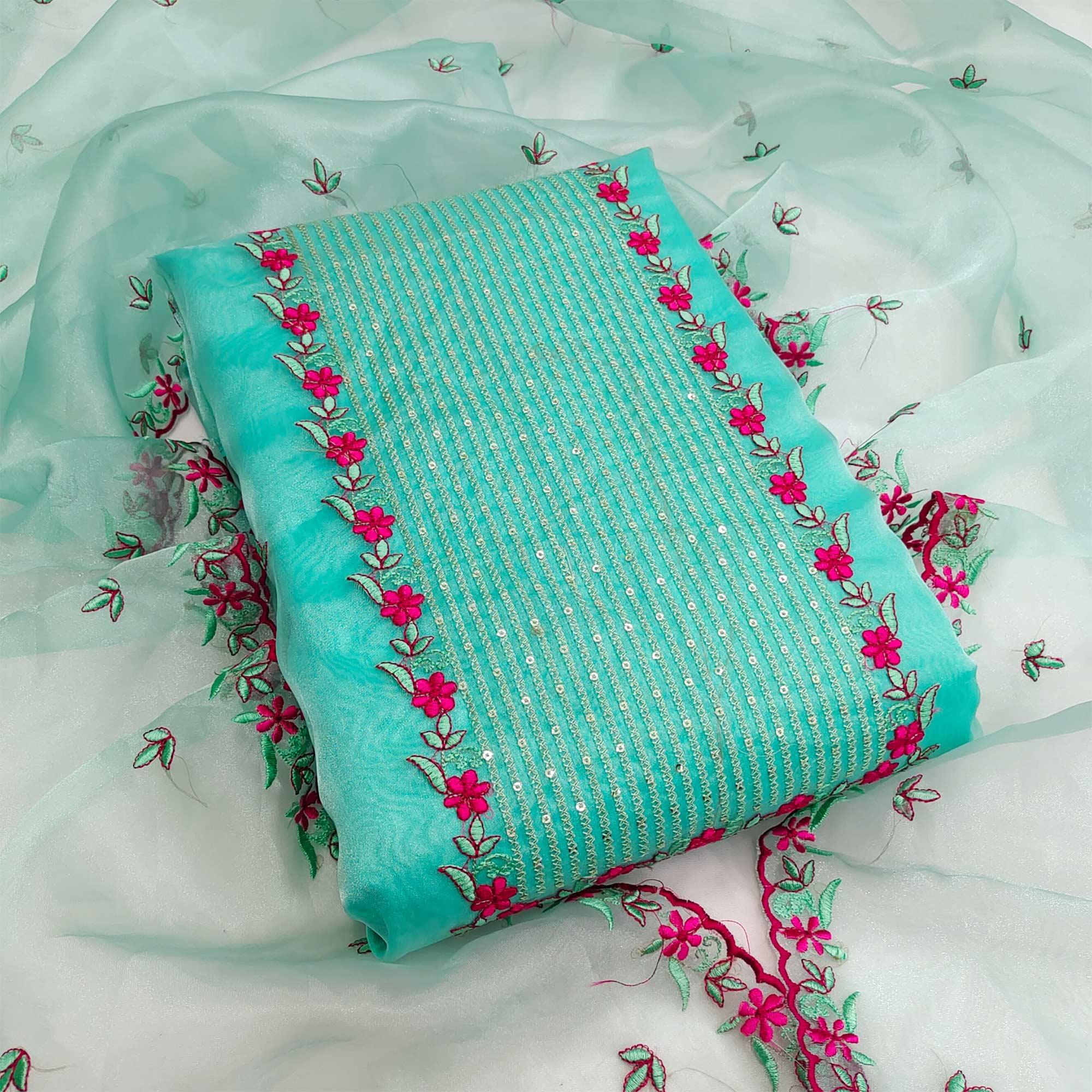 Turquoise Green Casual Wear Embroidered Organza Dress Material - Peachmode