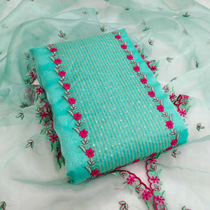 Turquoise Green Casual Wear Embroidered Organza Dress Material - Peachmode