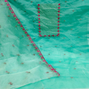 Turquoise Green Casual Wear Embroidered Organza Dress Material - Peachmode