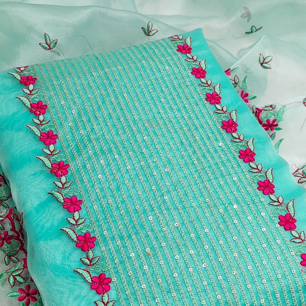 Turquoise Green Casual Wear Embroidered Organza Dress Material - Peachmode