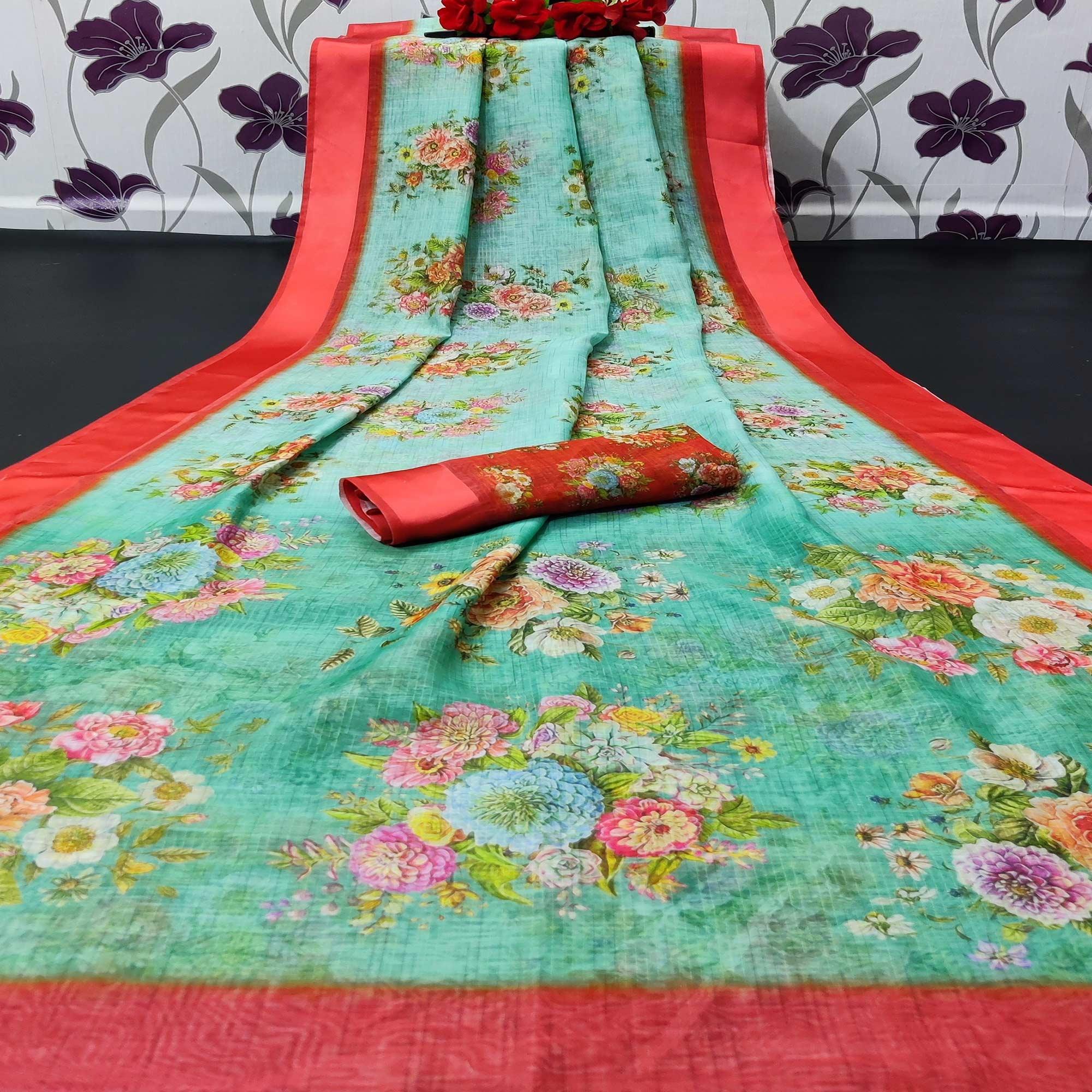 Turquoise Green Casual Wear Floral Digital Printed Linen Saree With Satin Border - Peachmode