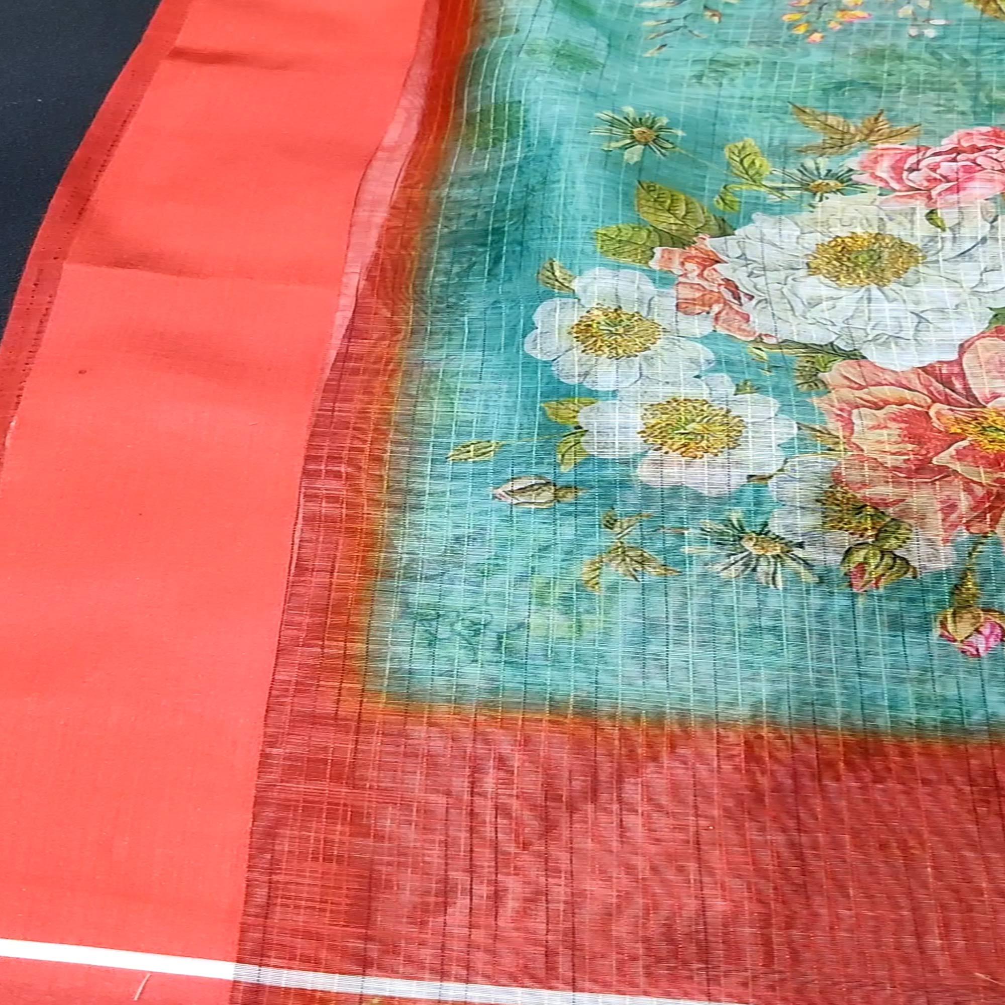 Turquoise Green Casual Wear Floral Digital Printed Linen Saree With Satin Border - Peachmode