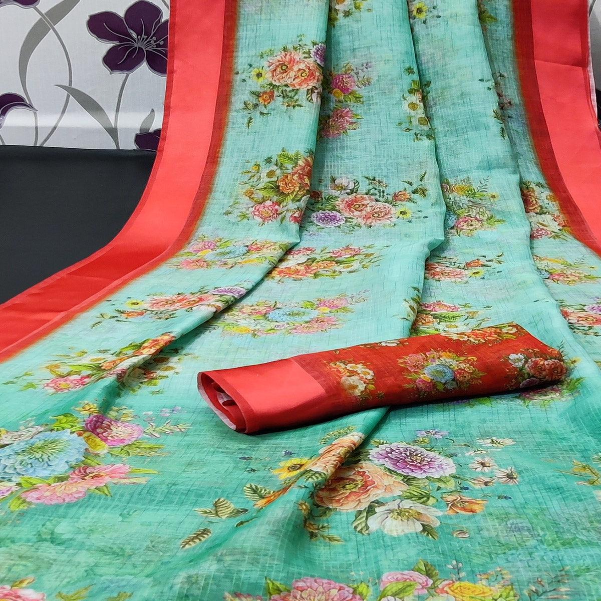 Turquoise Green Casual Wear Floral Digital Printed Linen Saree With Satin Border - Peachmode