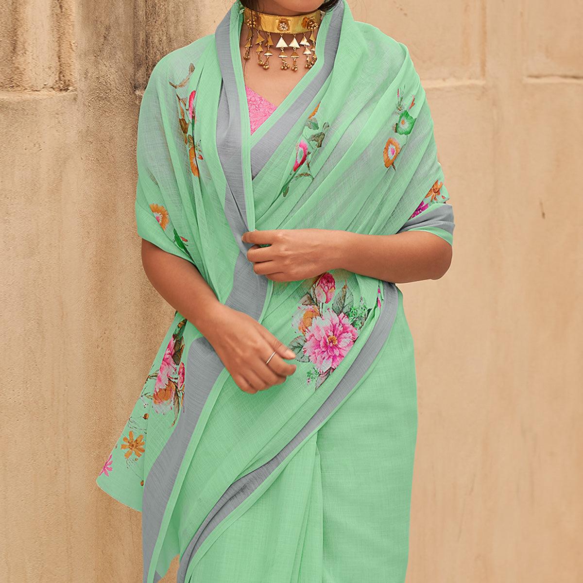 Turquoise Green Casual Wear Floral Printed Zari Border Soft Linen Cotton Saree - Peachmode
