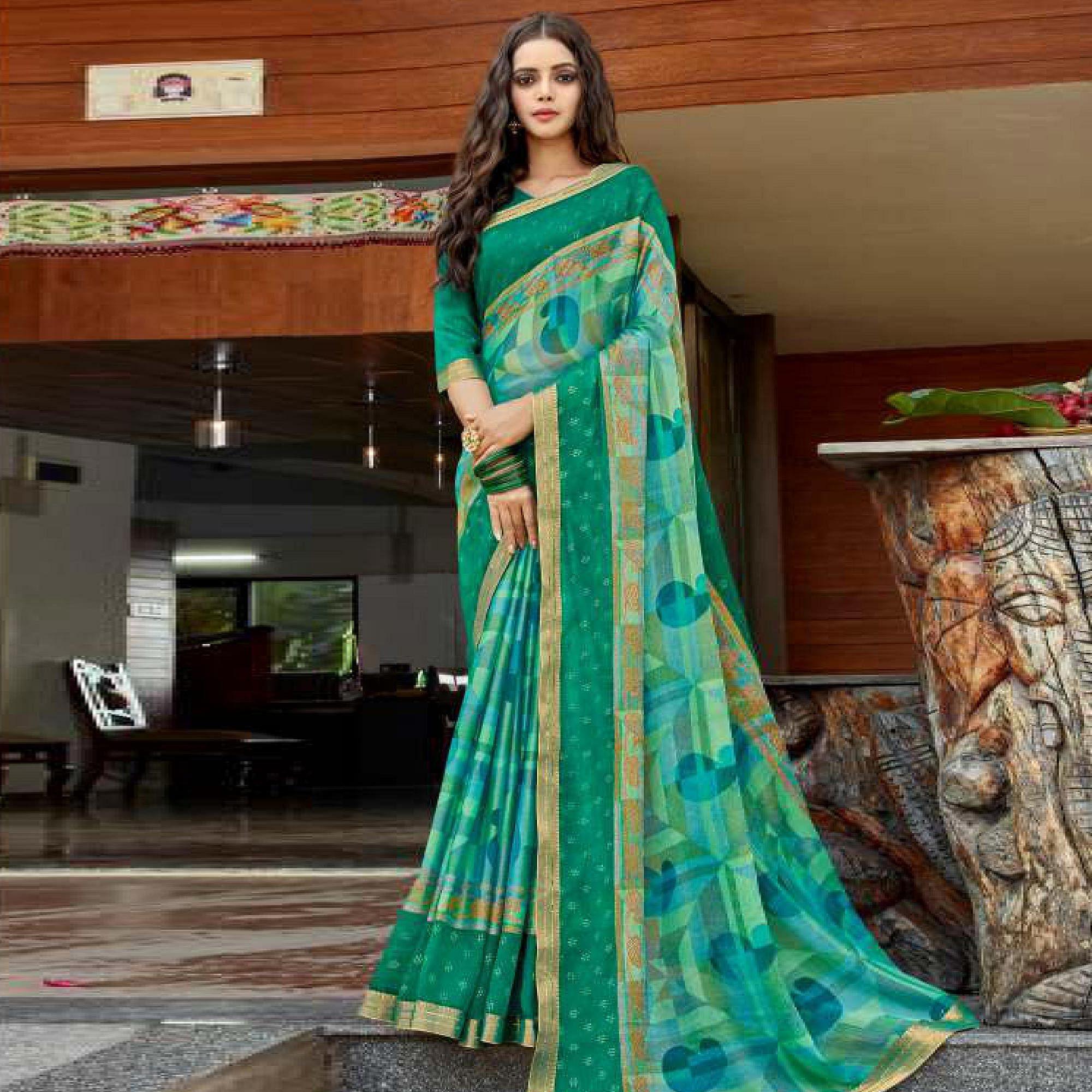 Turquoise Green Casual Wear Printed Brasso Saree - Peachmode