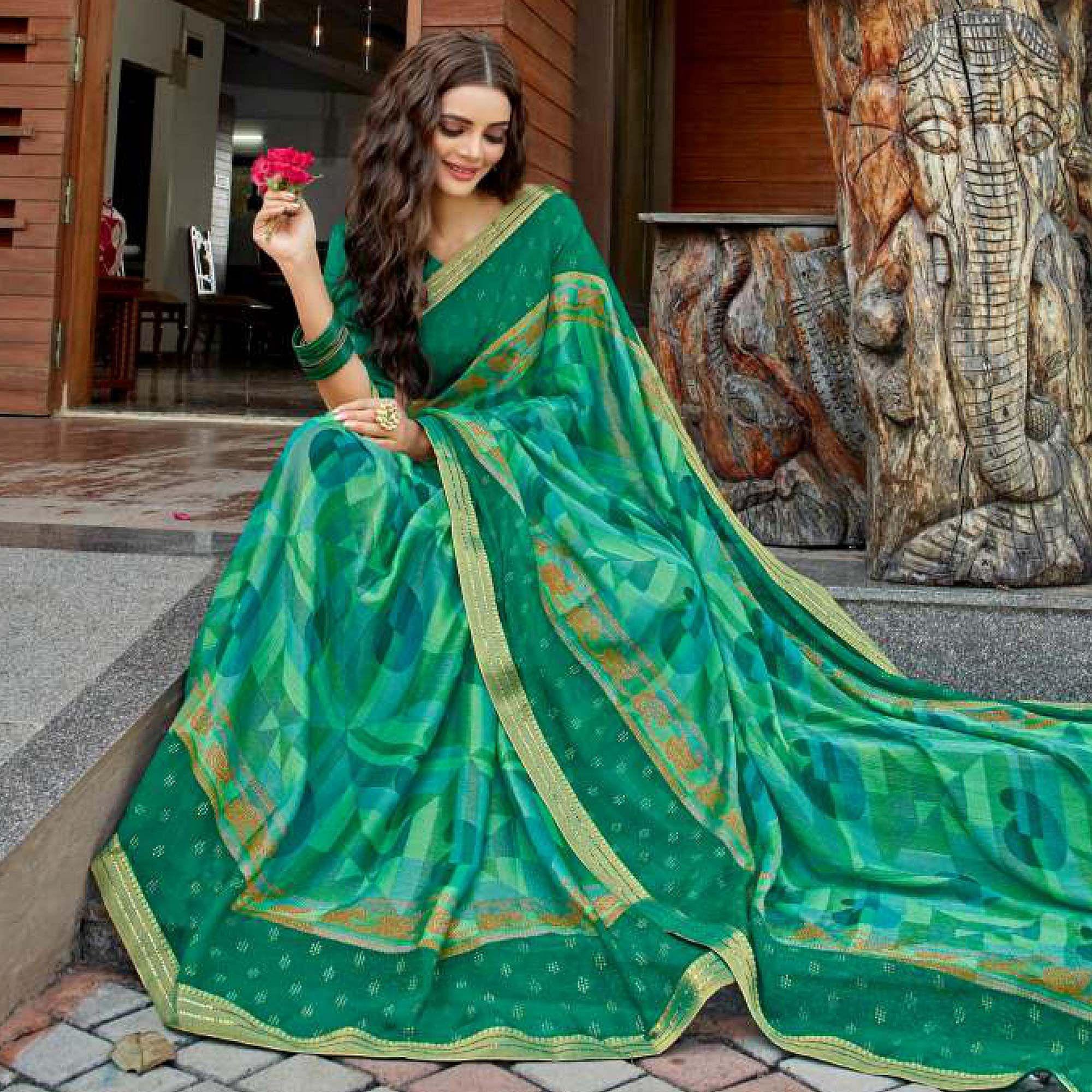 Turquoise Green Casual Wear Printed Brasso Saree - Peachmode