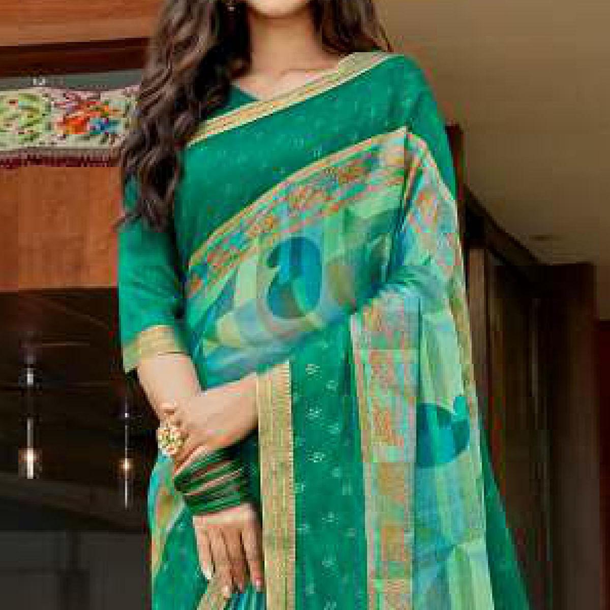 Turquoise Green Casual Wear Printed Brasso Saree - Peachmode