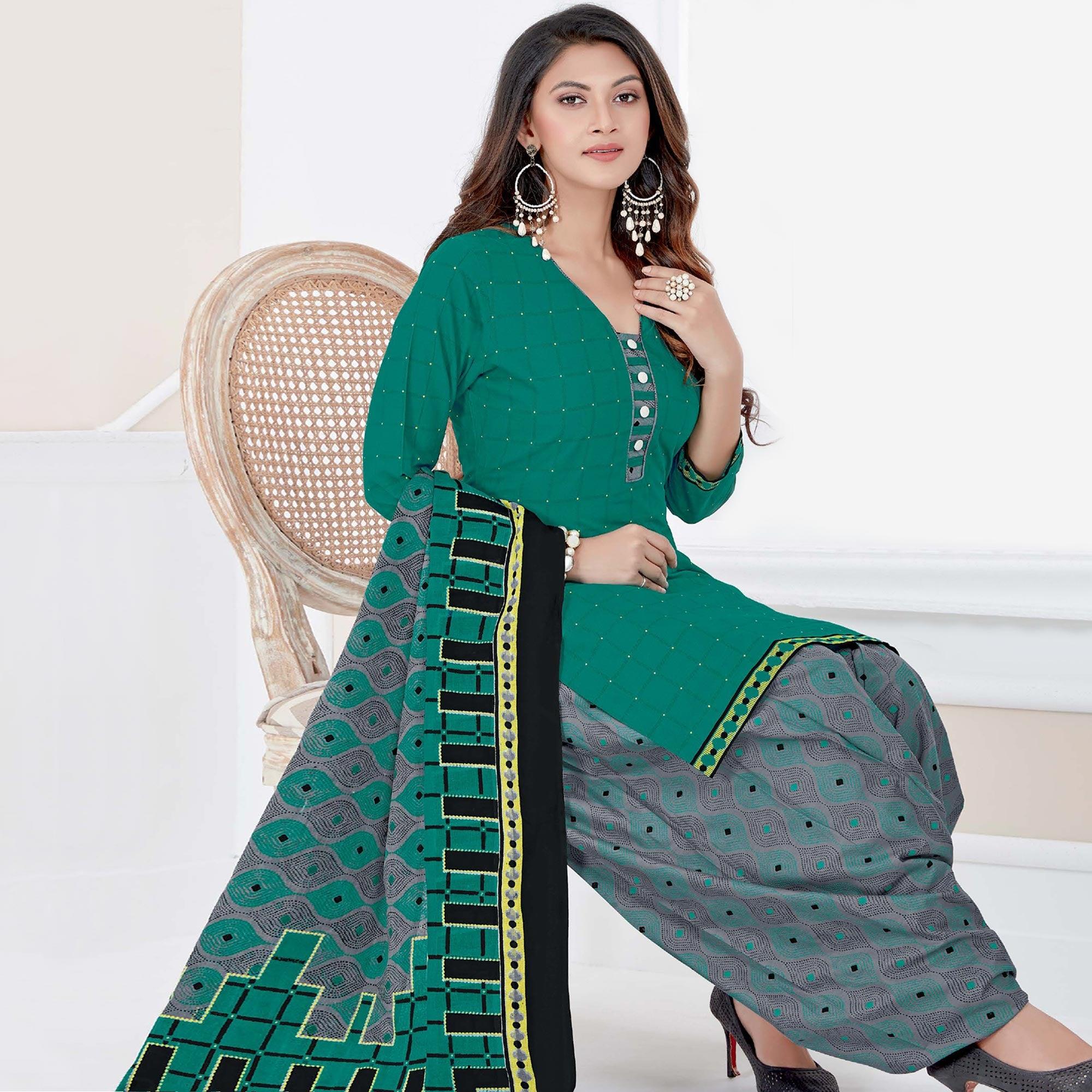 Turquoise Green Casual Wear Printed Cotton Patiala Dress Material - Peachmode
