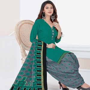 Turquoise Green Casual Wear Printed Cotton Patiala Dress Material - Peachmode