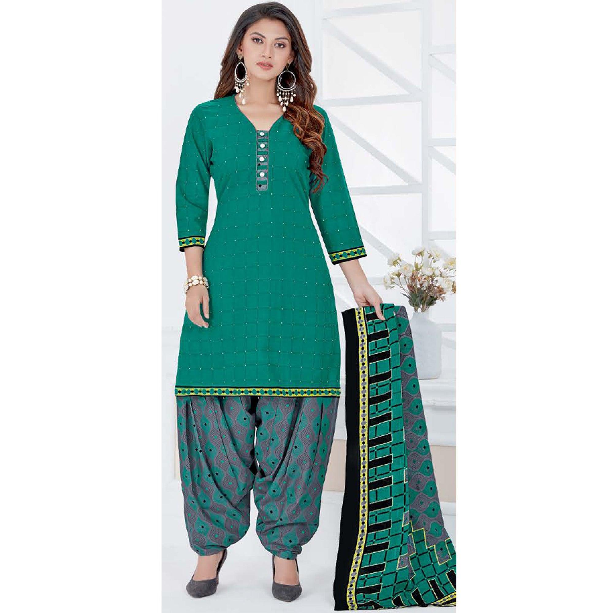 Turquoise Green Casual Wear Printed Cotton Patiala Dress Material - Peachmode