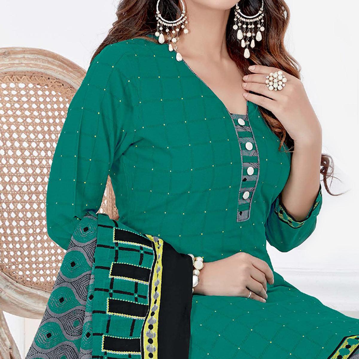 Turquoise Green Casual Wear Printed Cotton Patiala Dress Material - Peachmode