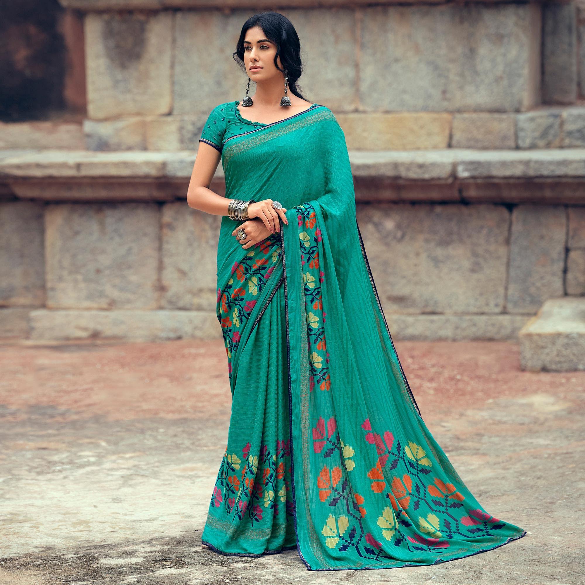 Turquoise Green Casual Wear Printed Silk Saree - Peachmode