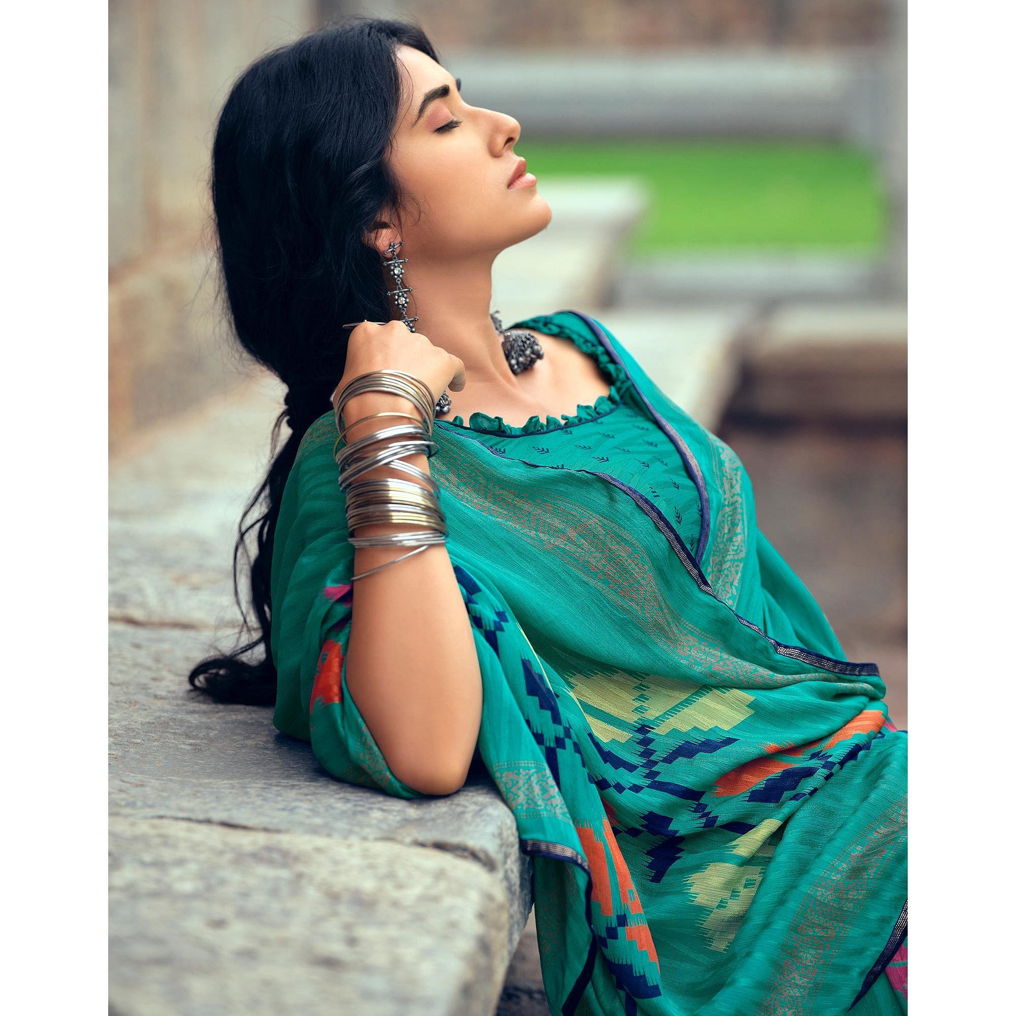 Turquoise Green Casual Wear Printed Silk Saree - Peachmode