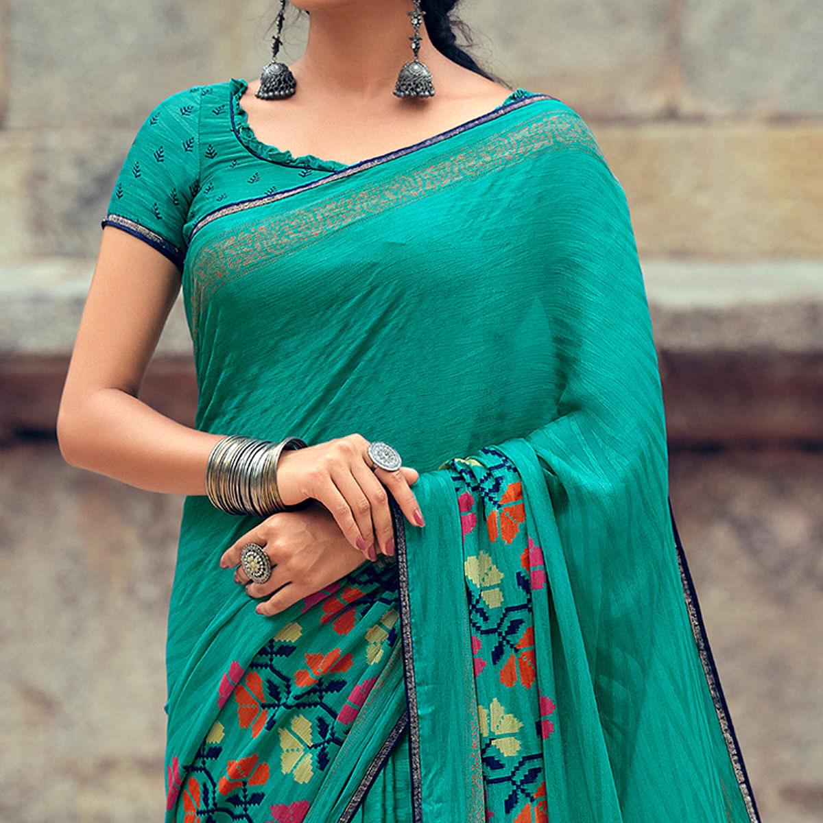 Turquoise Green Casual Wear Printed Silk Saree - Peachmode