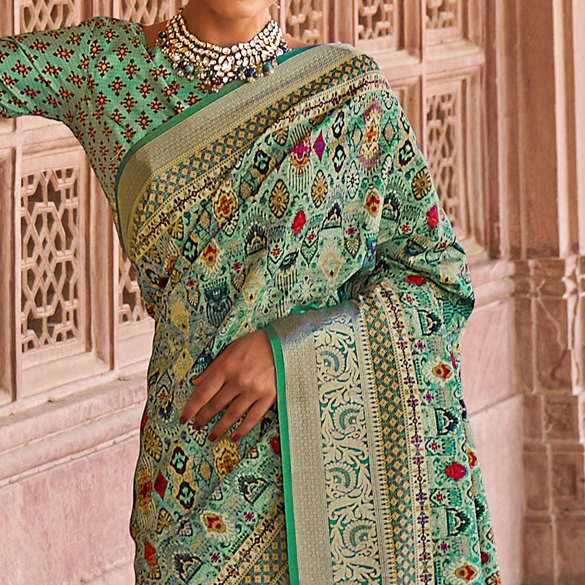 Turquoise Green Festive Wear Digital Printed Soft Silk Saree With Viscose Zari Border - Peachmode