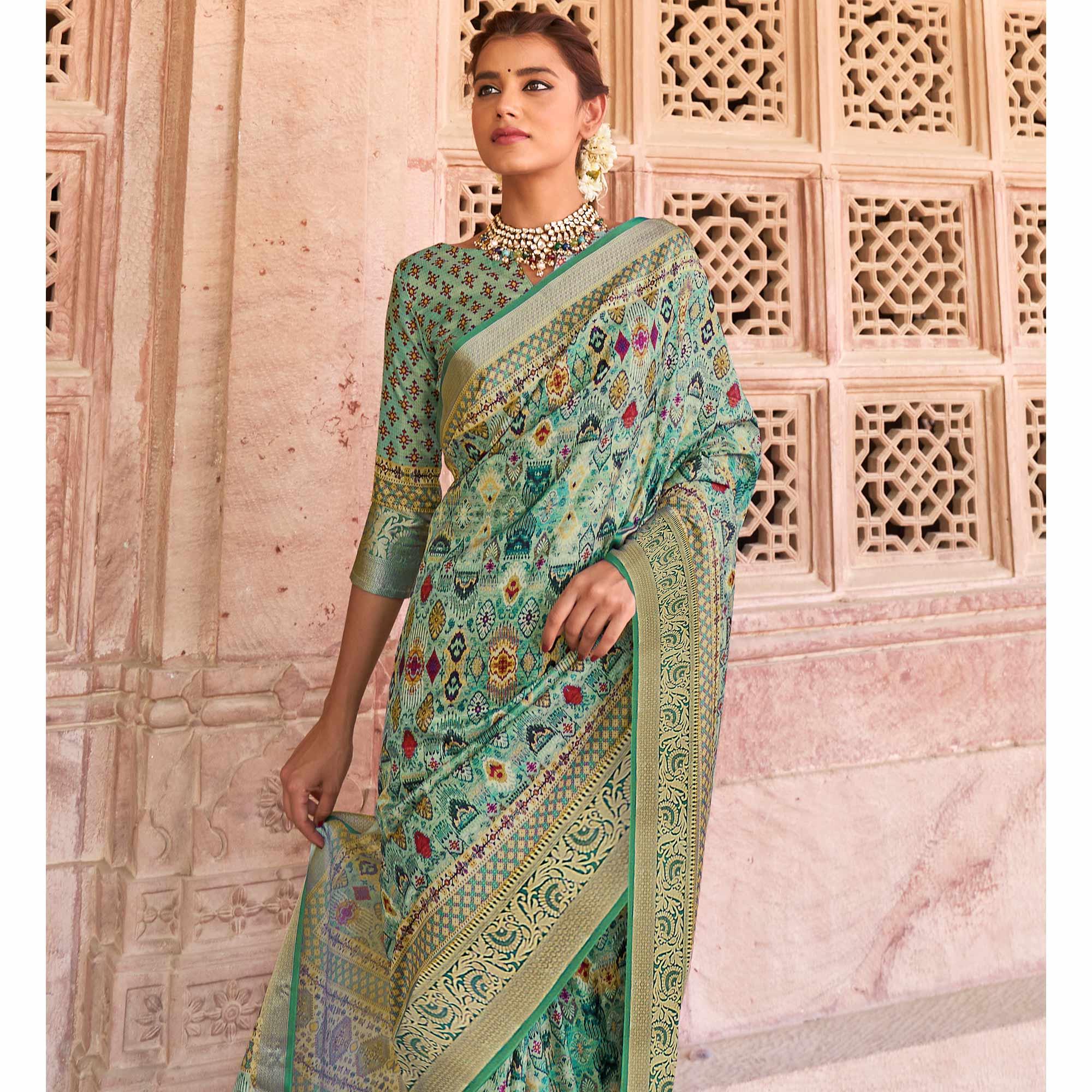 Turquoise Green Festive Wear Digital Printed Soft Silk Saree With Viscose Zari Border - Peachmode