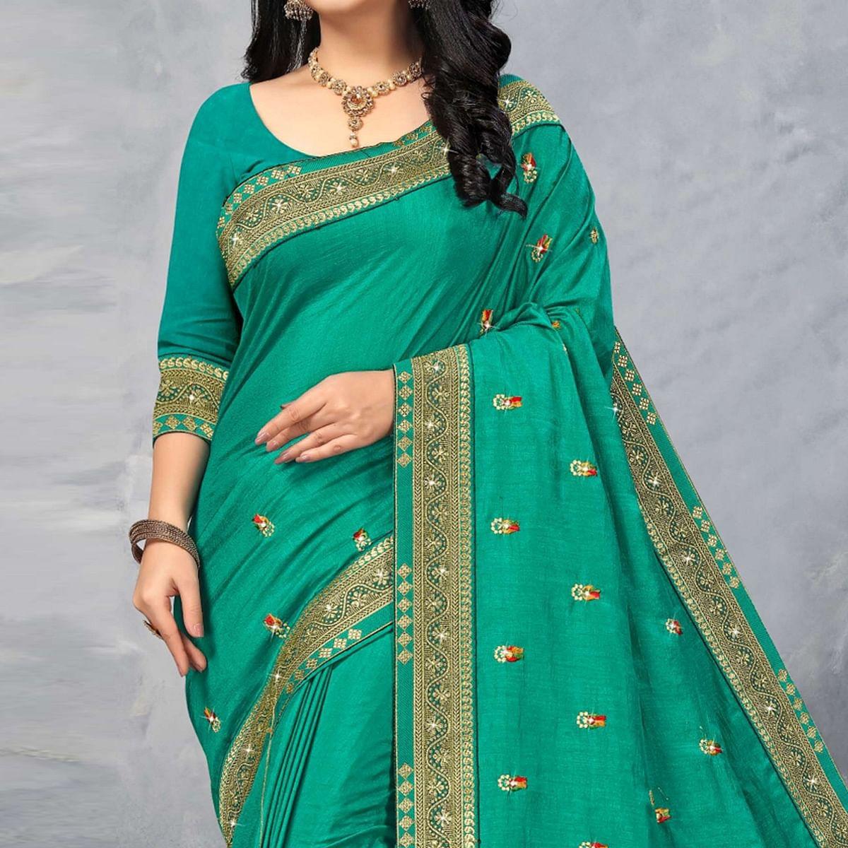Turquoise Green Festive Wear Embroidered Vichitra Silk Sare - Peachmode