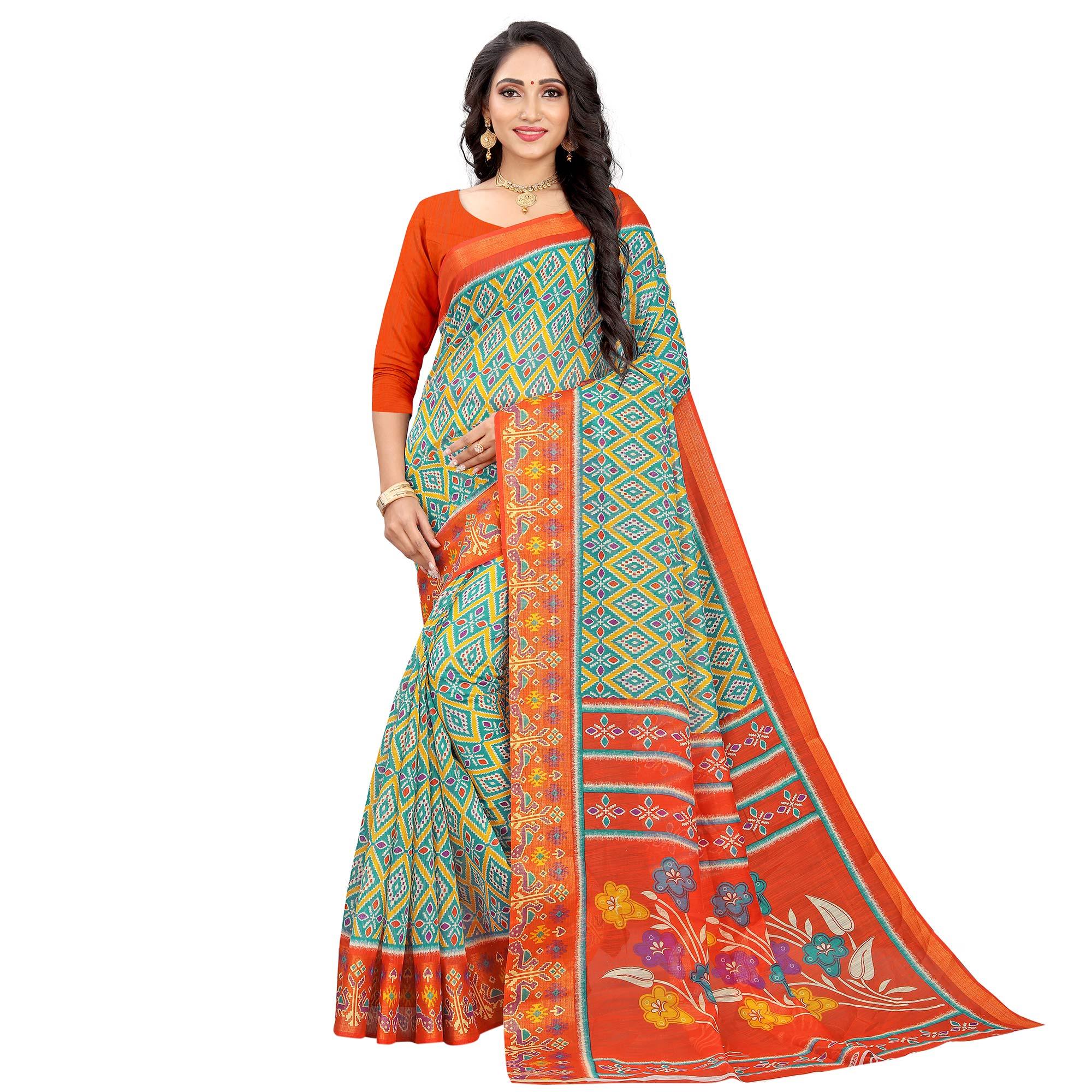 Turquoise Green Festive Wear Floral Printed Cotton linen Saree - Peachmode
