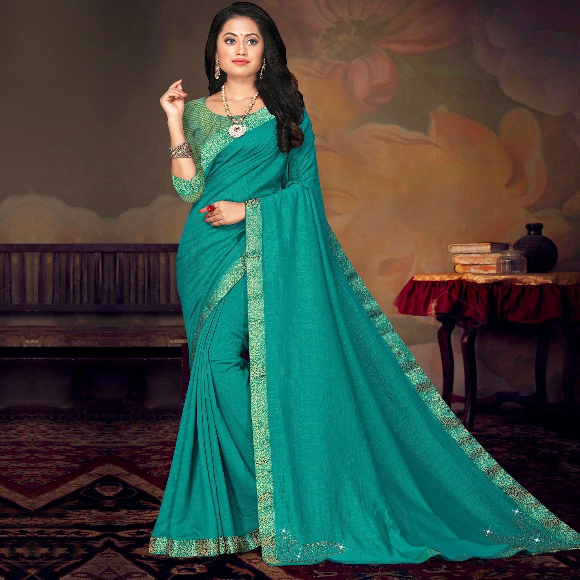 Turquoise Green Festive Wear Lace Work Silk Saree - Peachmode