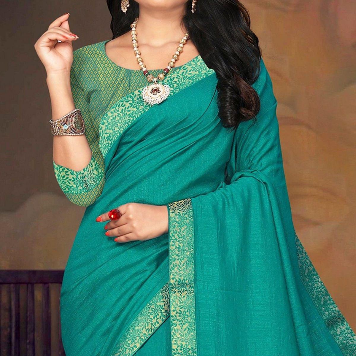 Turquoise Green Festive Wear Lace Work Silk Saree - Peachmode