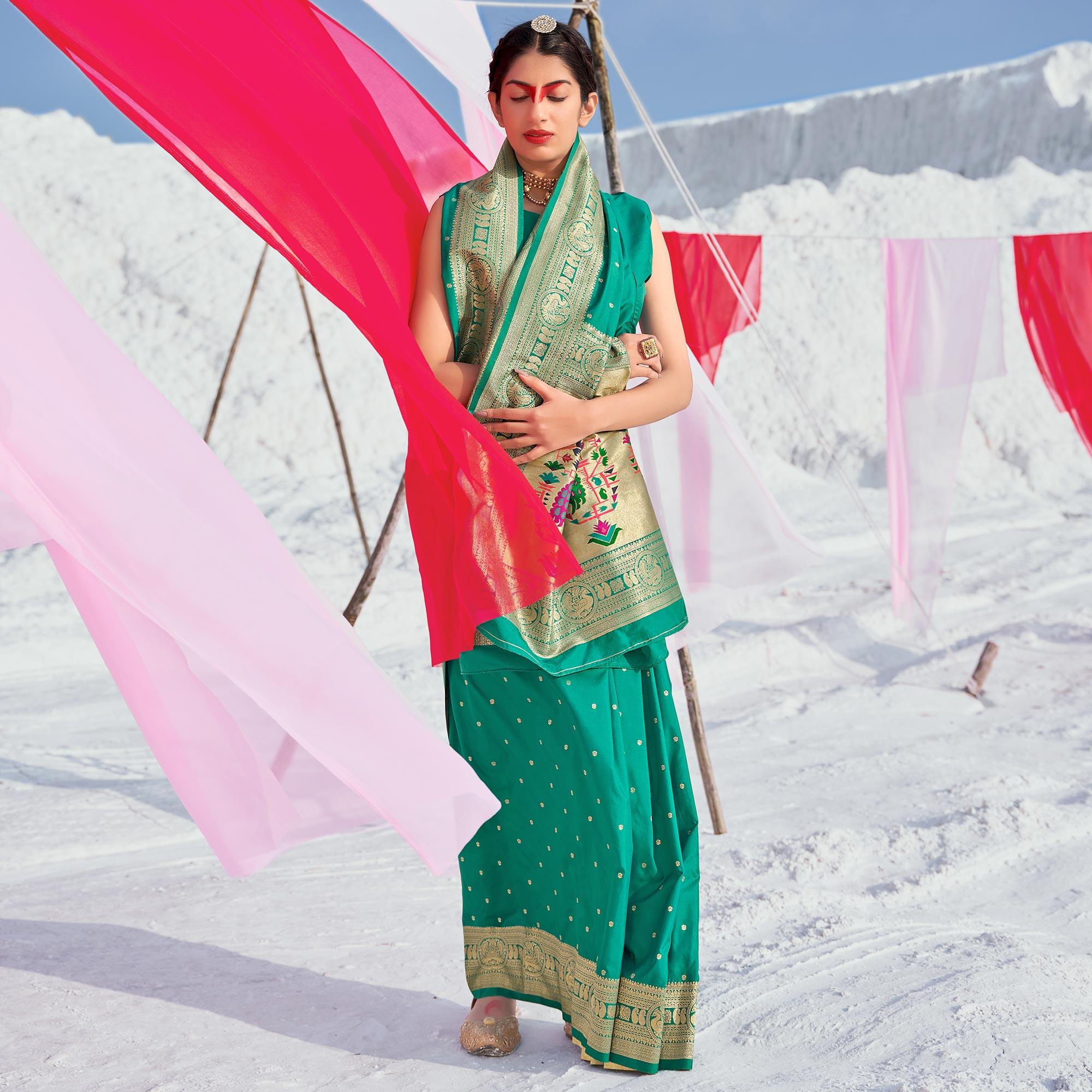 Turquoise Green Festive Wear Woven Banarasi Silk Paithani Saree - Peachmode