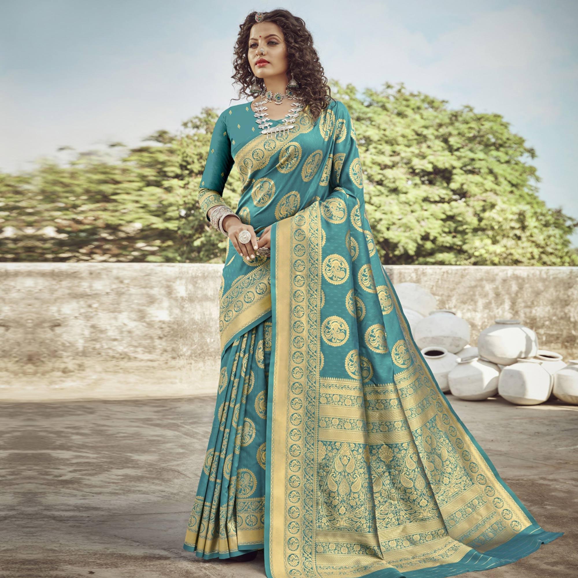 Turquoise Green Festive Wear Woven Banarasi Silk Saree - Peachmode