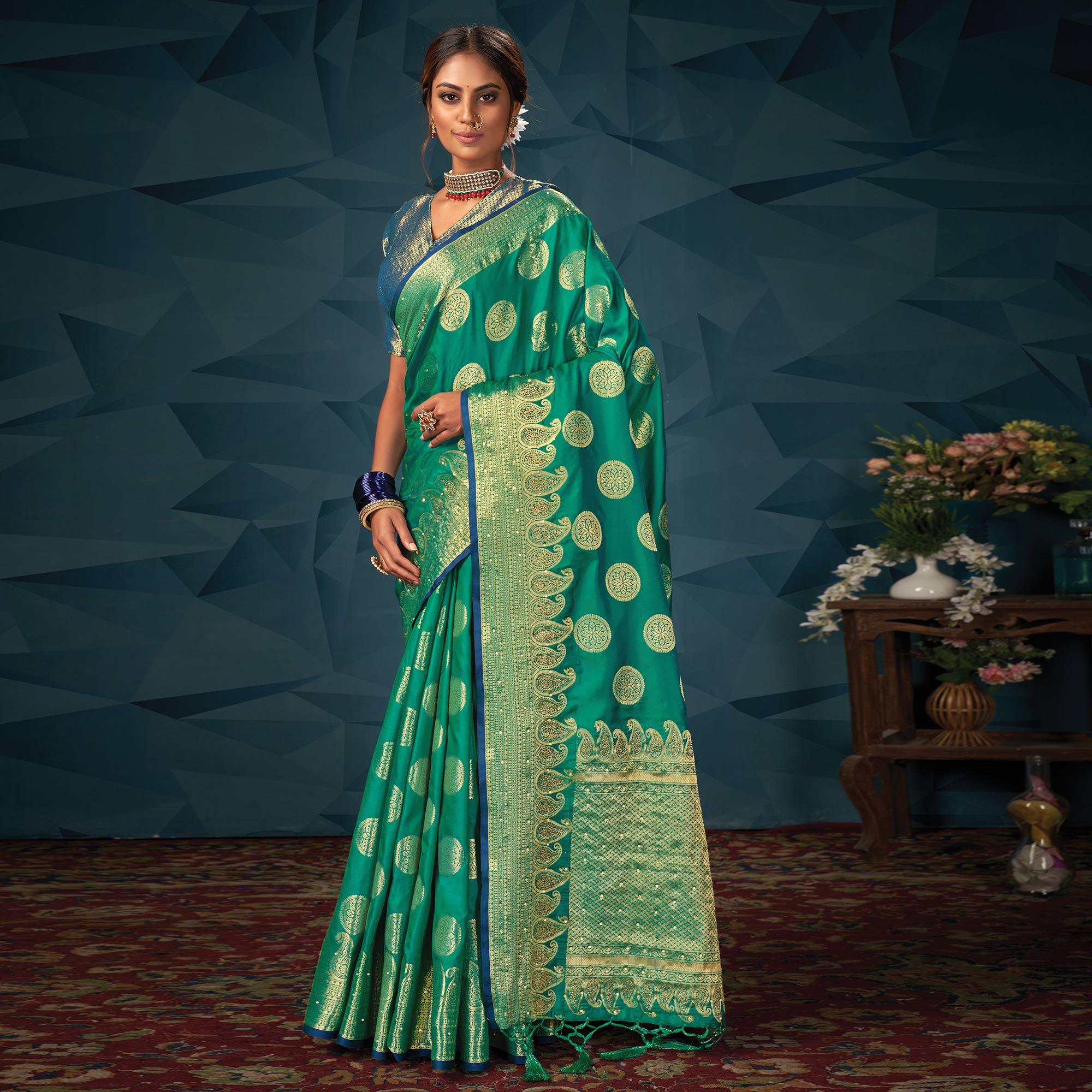 Turquoise Green Festive Wear Woven-Embellished Silk Saree With Tassels - Peachmode