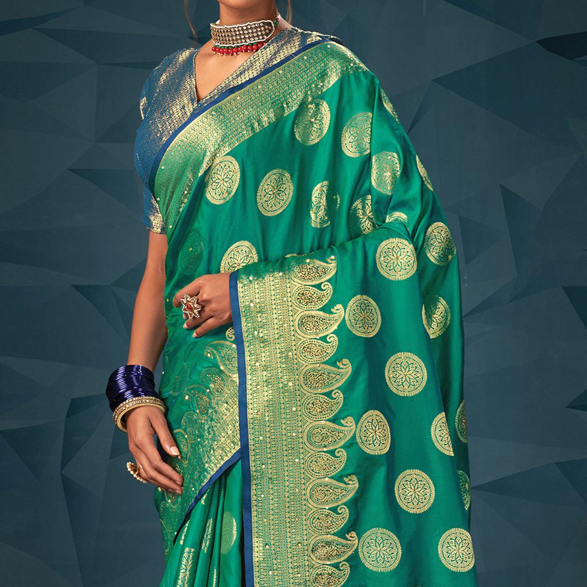 Turquoise Green Festive Wear Woven-Embellished Silk Saree With Tassels - Peachmode