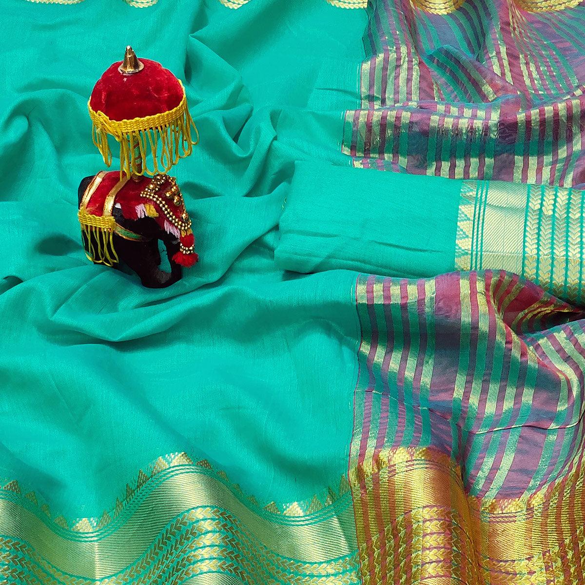 Turquoise Green Festive Wear Woven Jacquard Saree With Golden Border - Peachmode