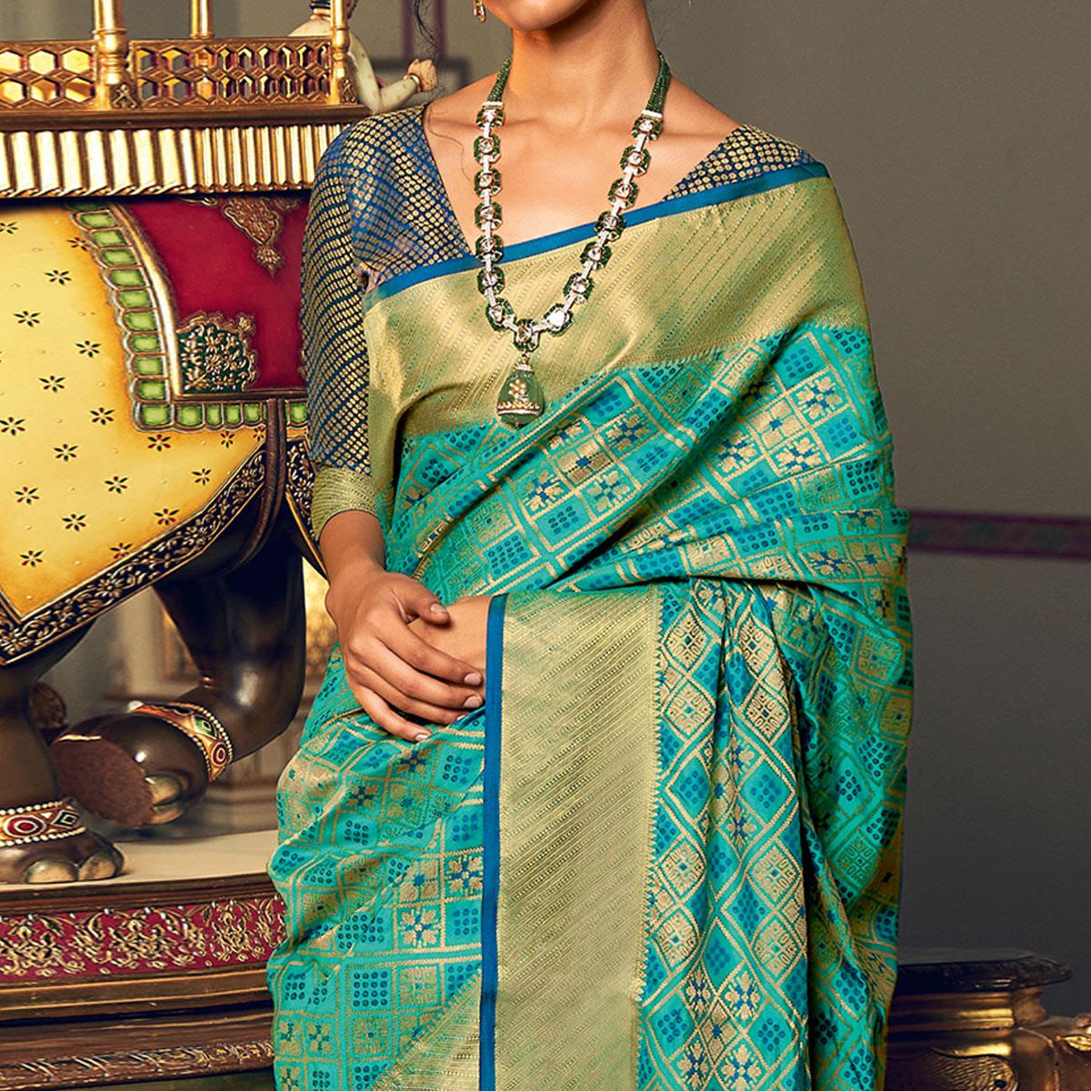 Turquoise Green Festive Wear Woven Patola Silk Saree - Peachmode