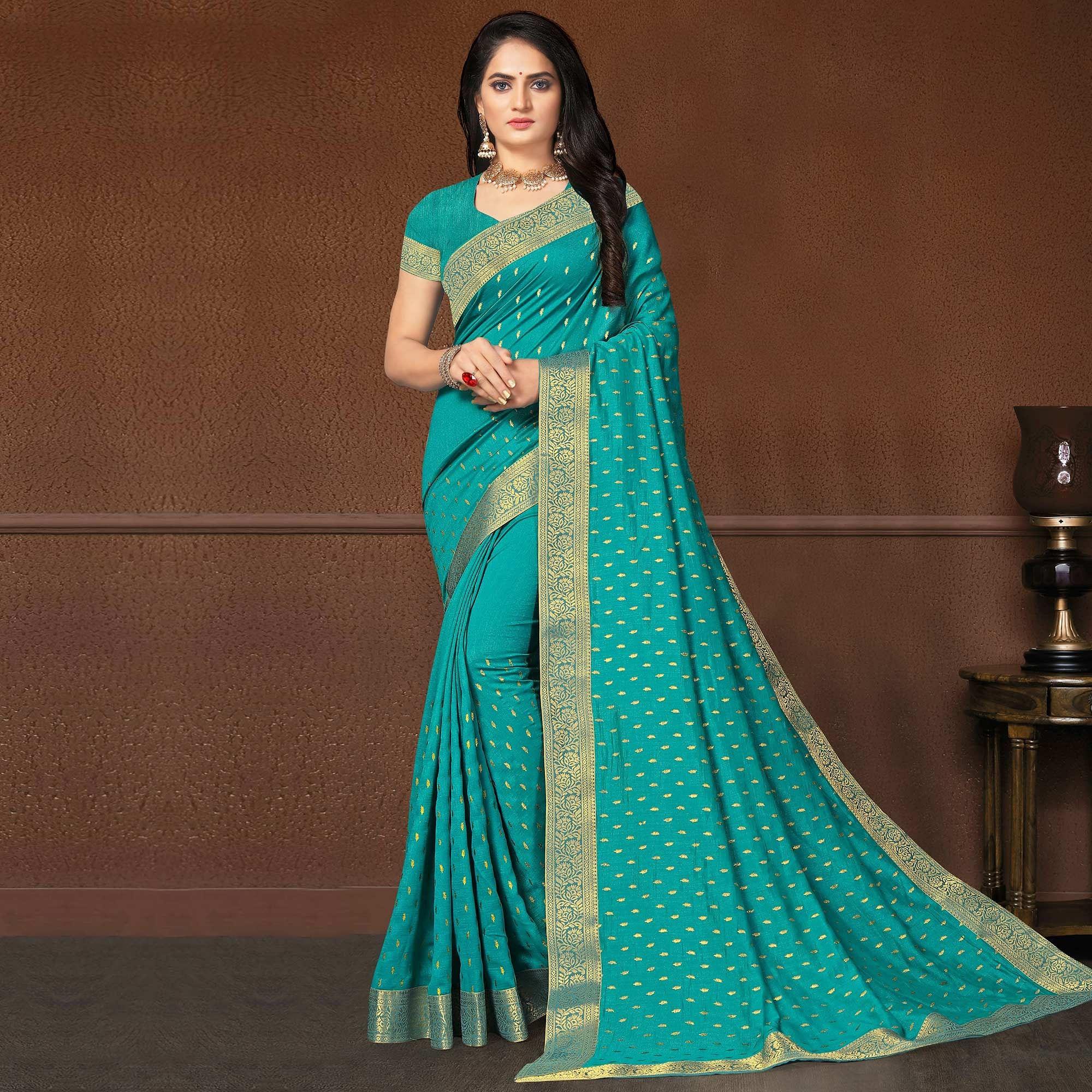 Turquoise Green Festive Wear Woven Silk Saree - Peachmode