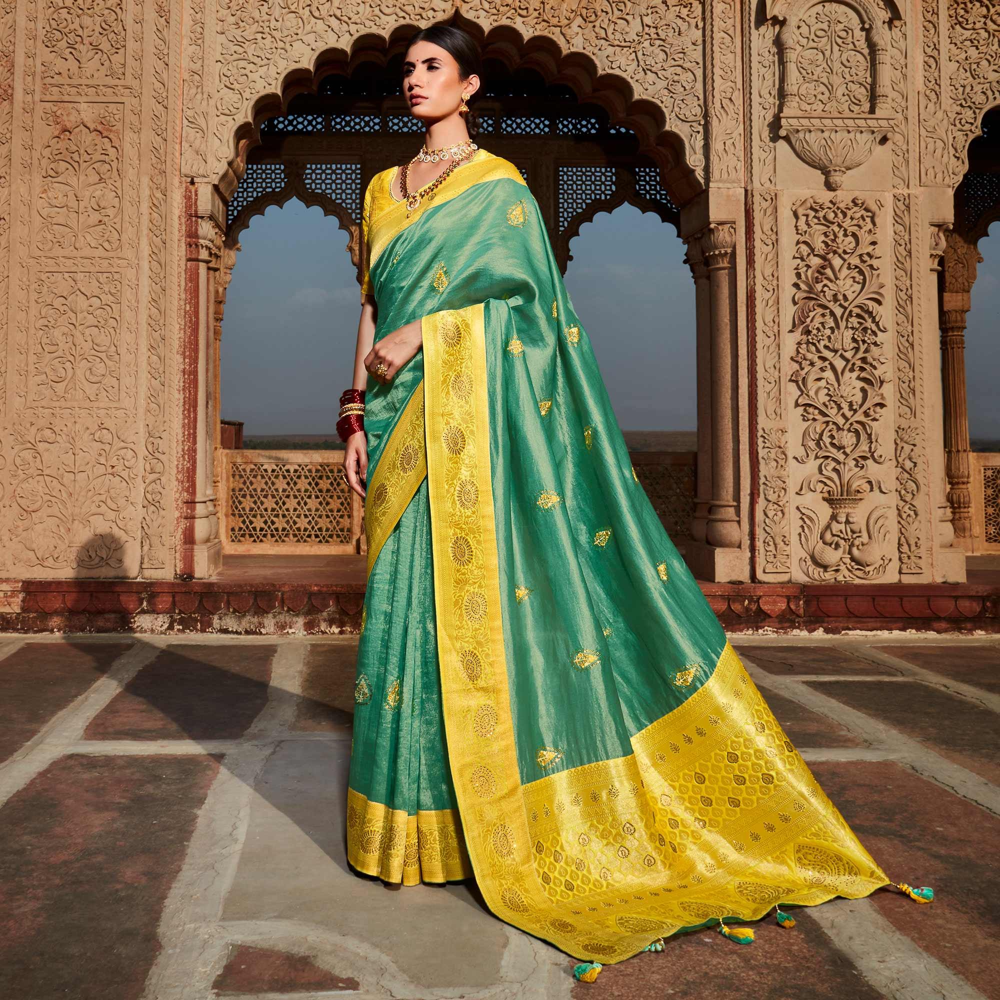 Turquoise Green Festive Wear Woven Silk Saree - Peachmode