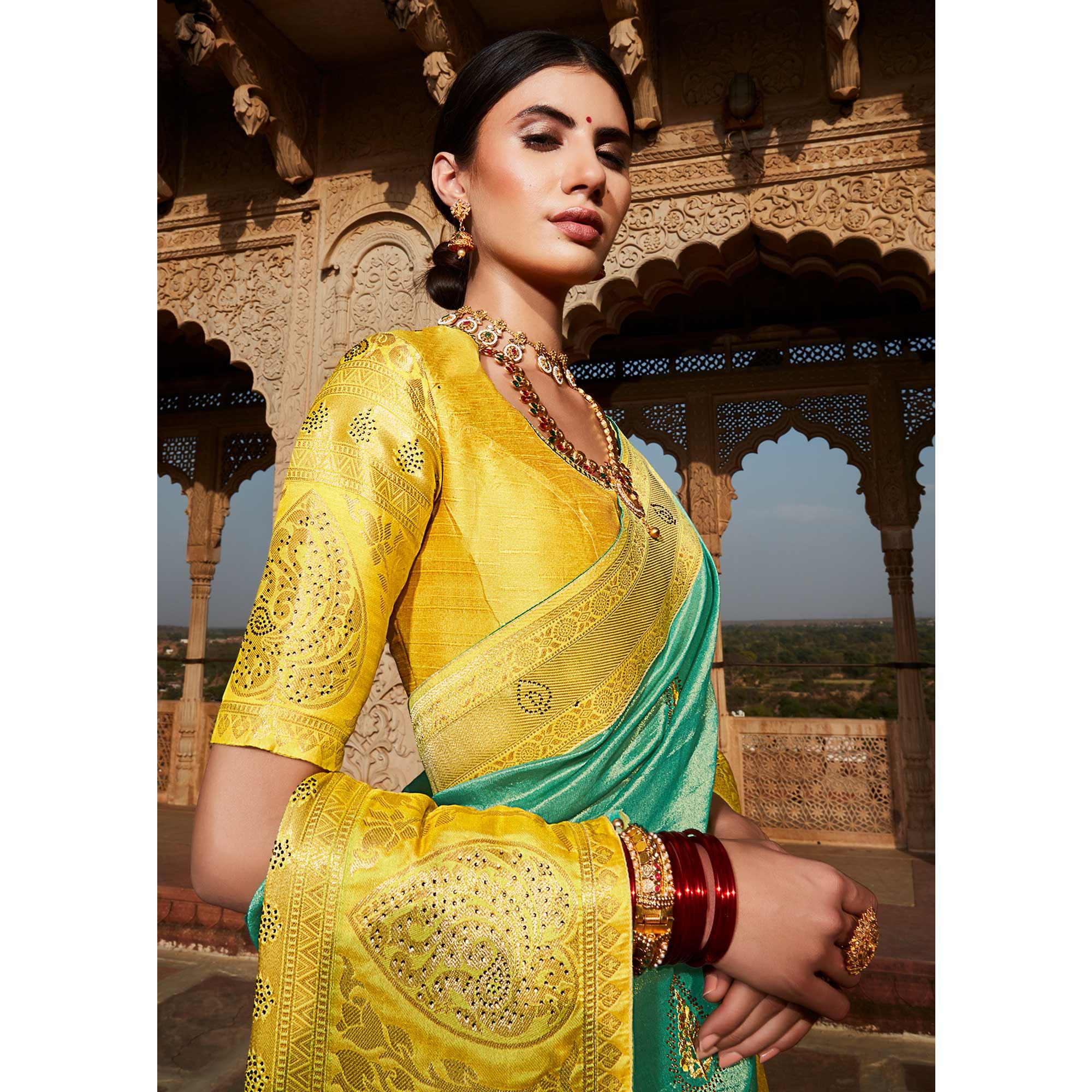 Turquoise Green Festive Wear Woven Silk Saree - Peachmode