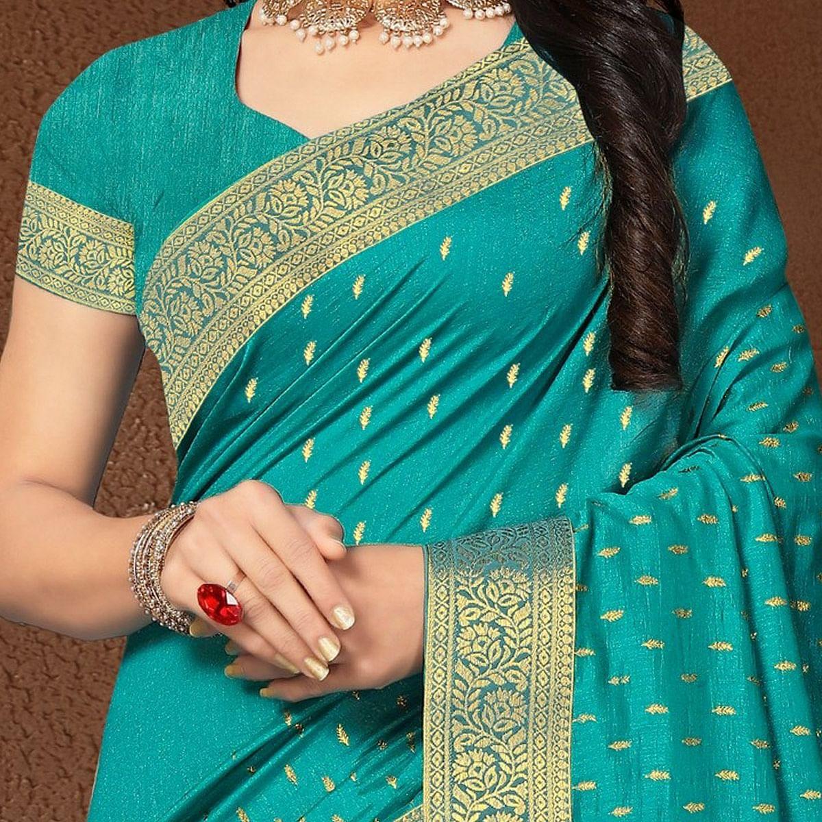 Turquoise Green Festive Wear Woven Silk Saree - Peachmode