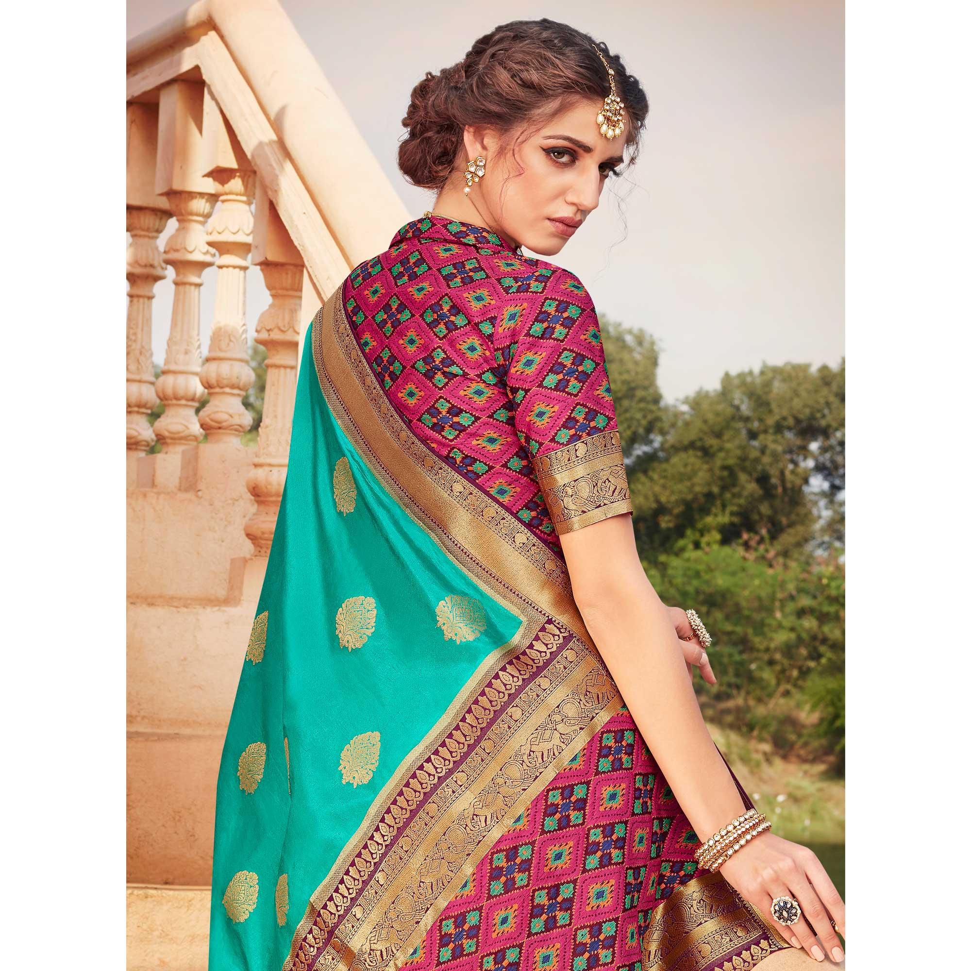 Turquoise Green Festive Wear Woven Silk Saree - Peachmode