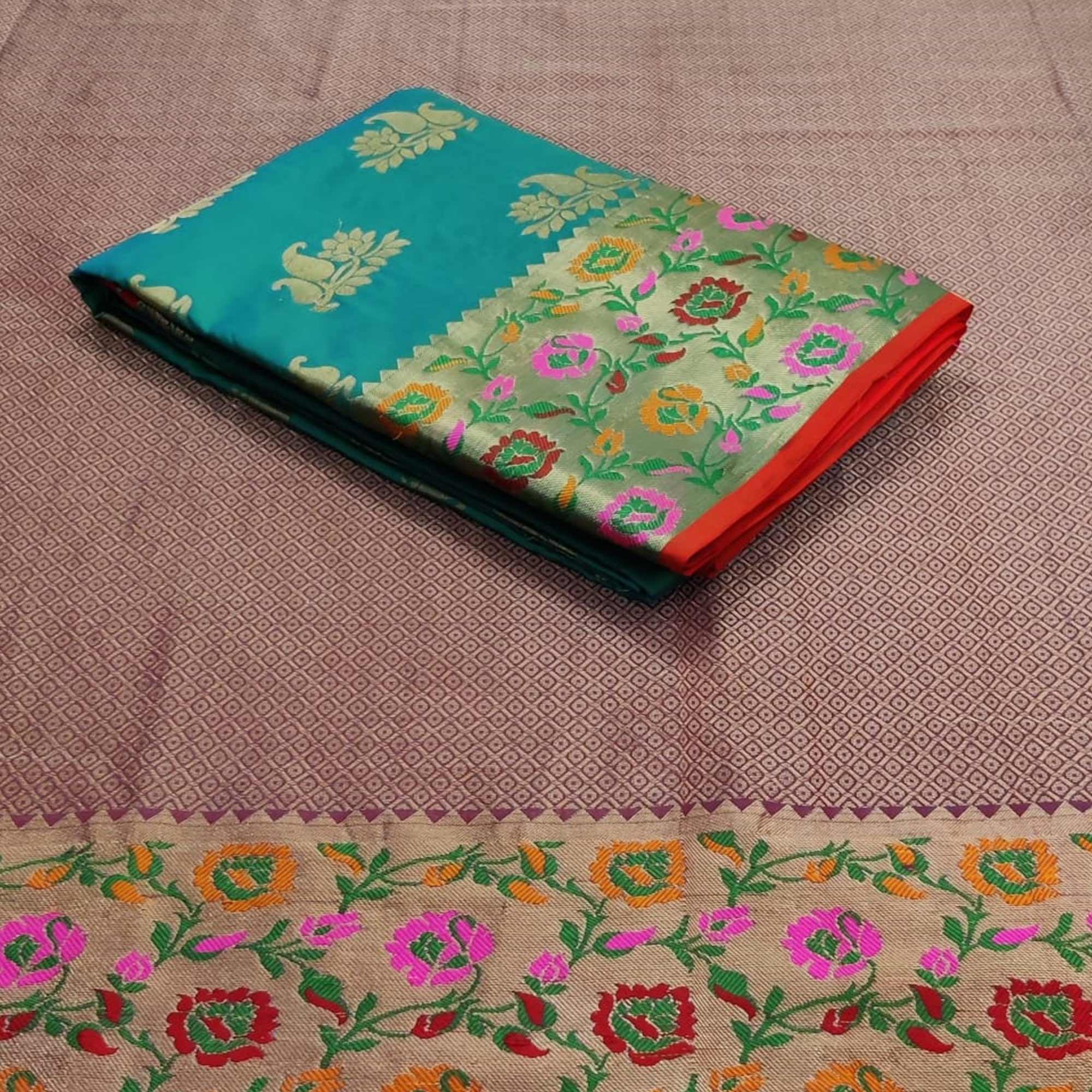 Turquoise Green Festive Wear Woven Silk Saree With Border - Peachmode
