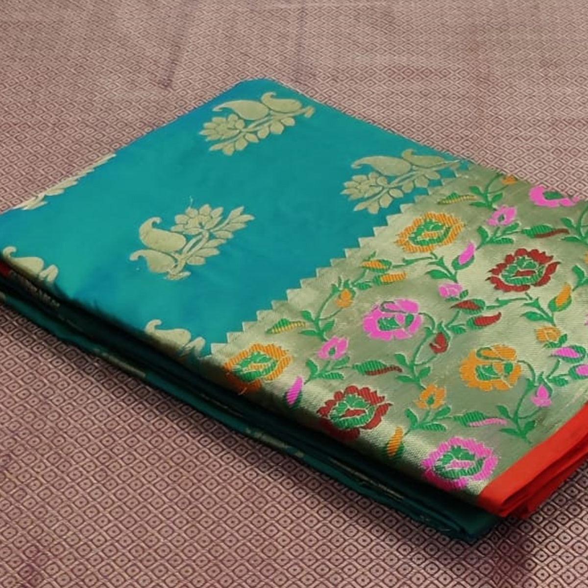 Turquoise Green Festive Wear Woven Silk Saree With Border - Peachmode