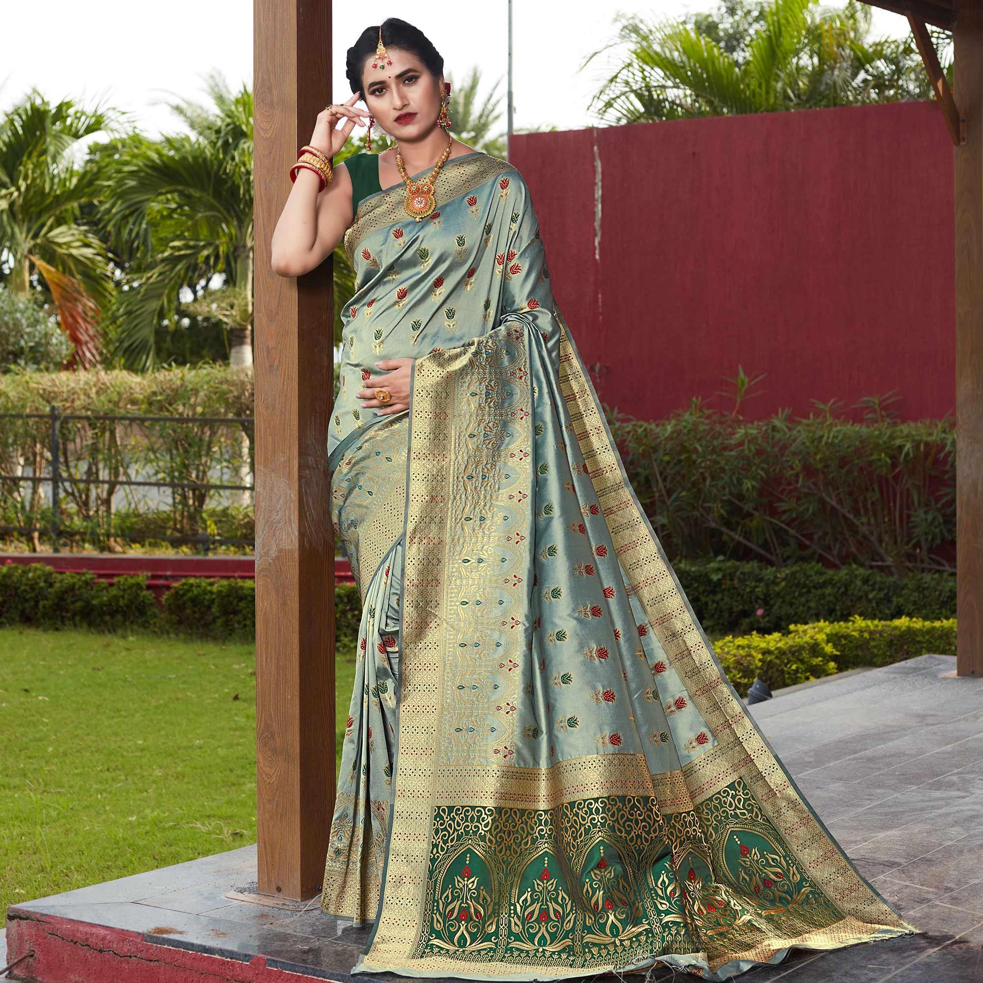 Turquoise Green Festive Wear Woven With Meena Rappier Lichi Silk Saree - Peachmode